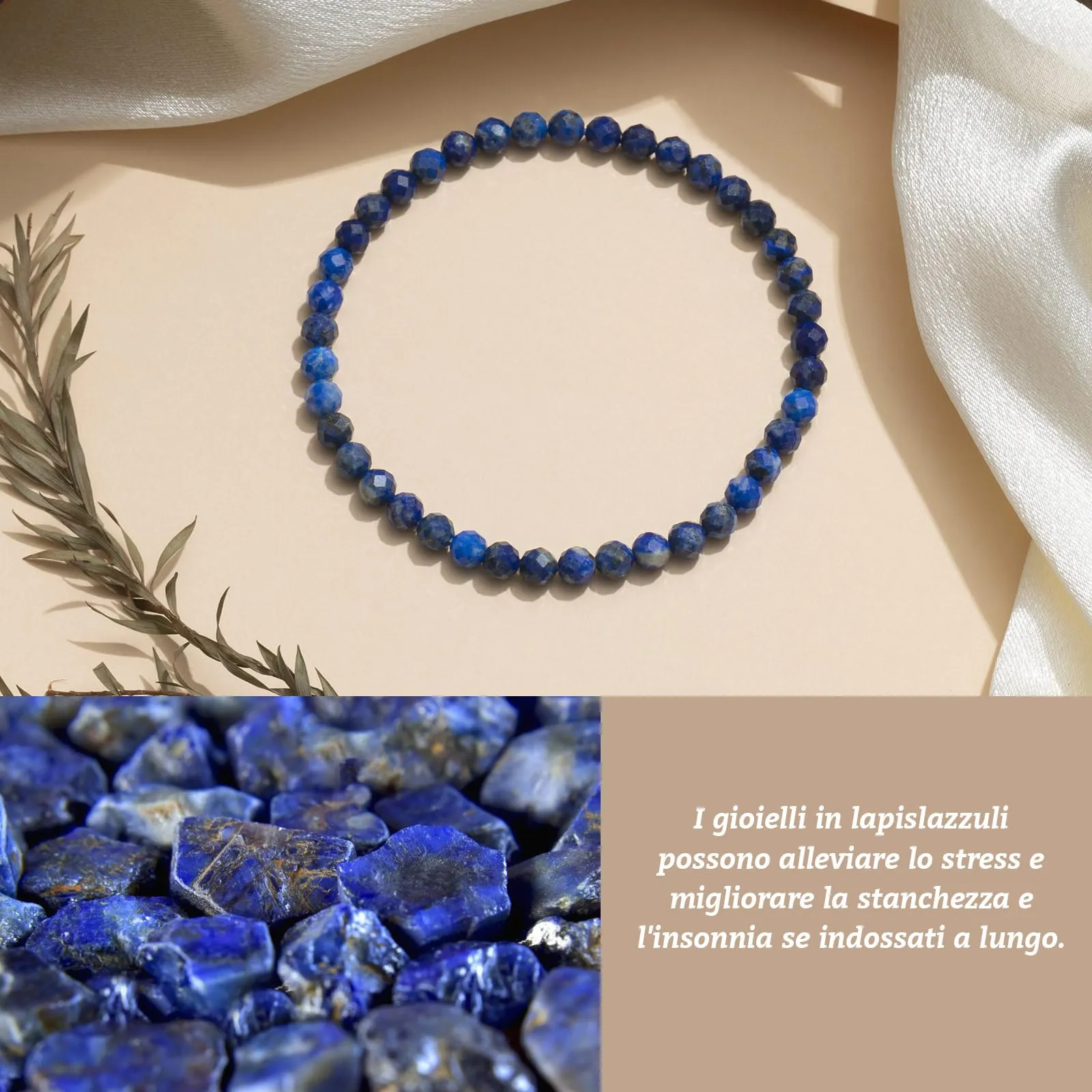 Landorilo Bracciale in Lapislazzuli, Pietra Naturale Sfaccettata 4 mm - immagine 3