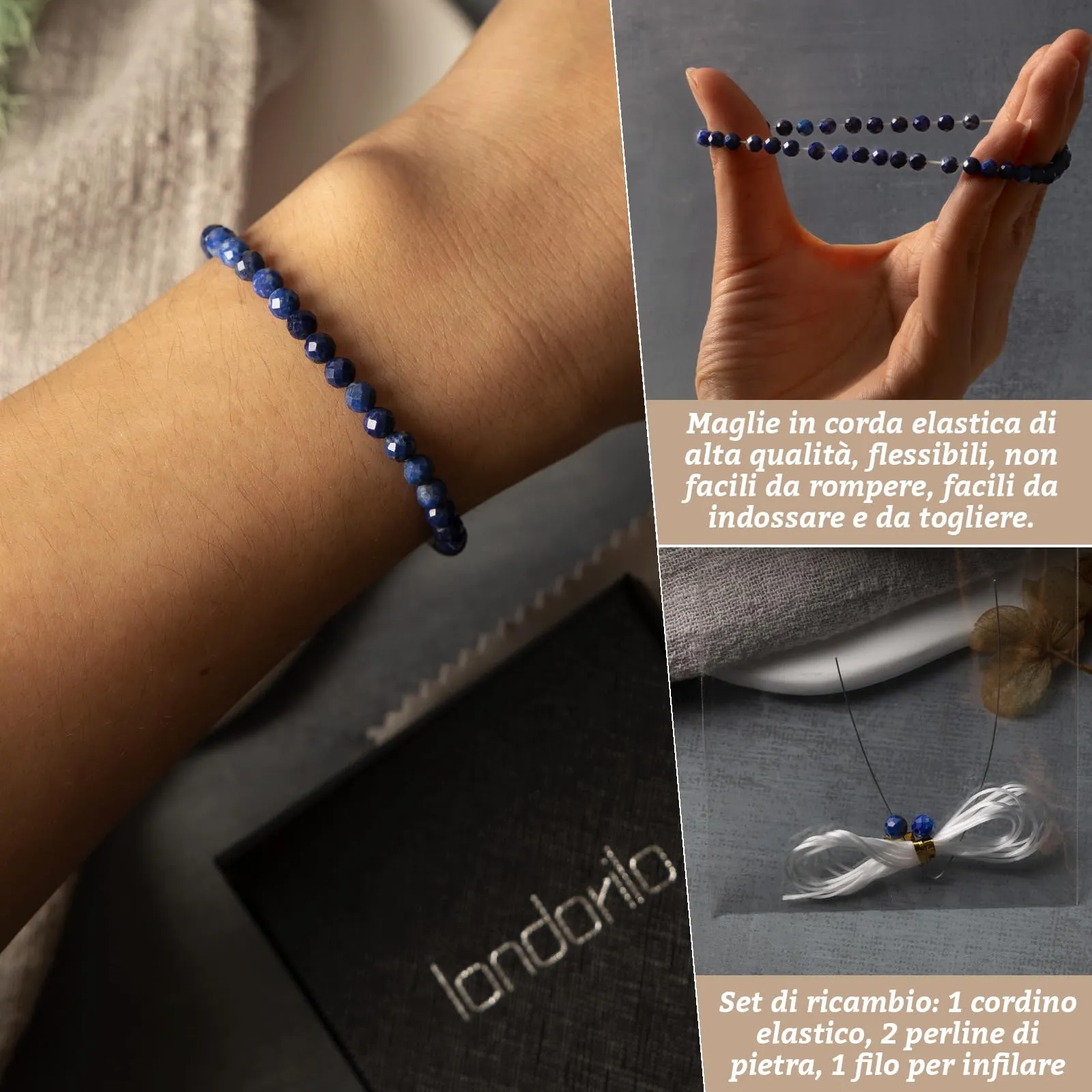 Landorilo Bracciale in Lapislazzuli, Pietra Naturale Sfaccettata 4 mm - immagine 5