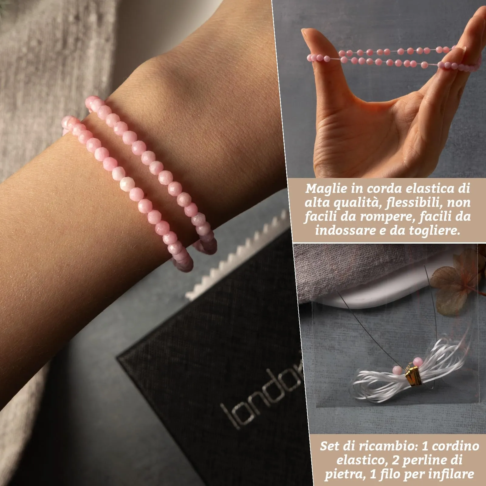 Landorilo Bracciale in Pietra Naturale 4 mm, 2 Pezzi, Rosa - immagine 5