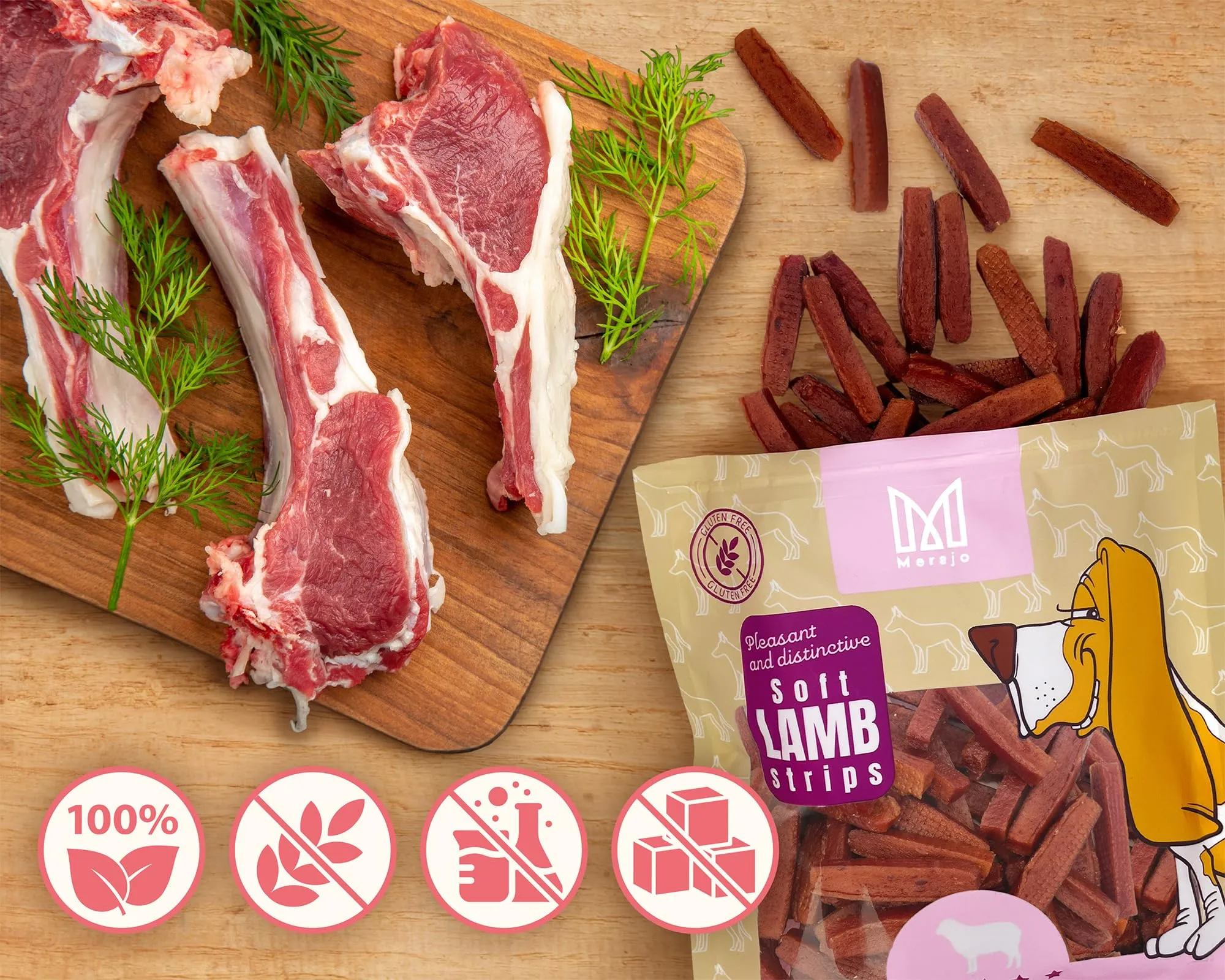 MERSJO Snack per cani, 92% Carne, Senza cereali, zucchero e additivi, Strisce morbide, 200 g - immagine 4