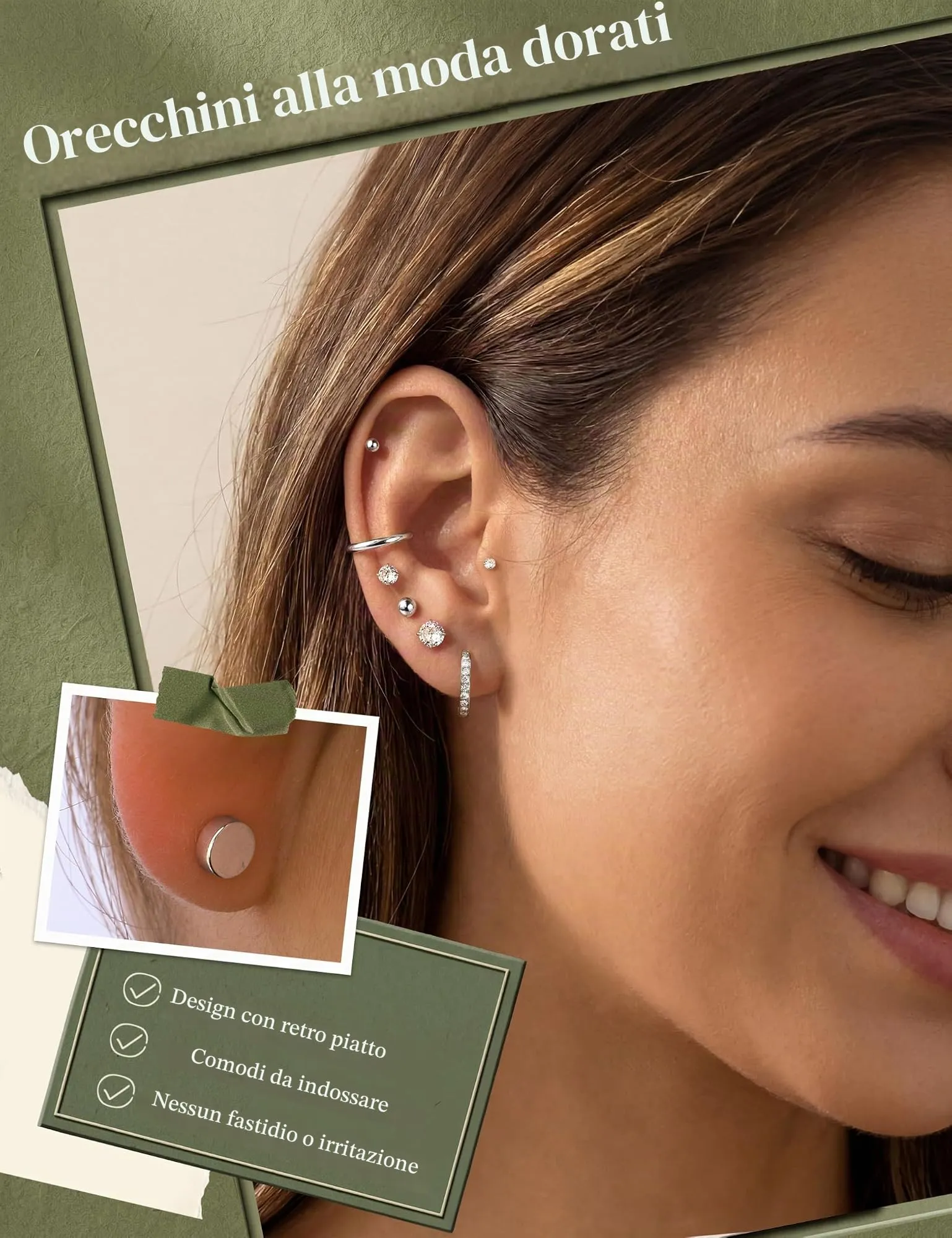 Diamday Set 12 Paia Orecchini in Acciaio Chirurgico Placcati Oro 14K per Piercing Helix e Cartilagine - immagine 2