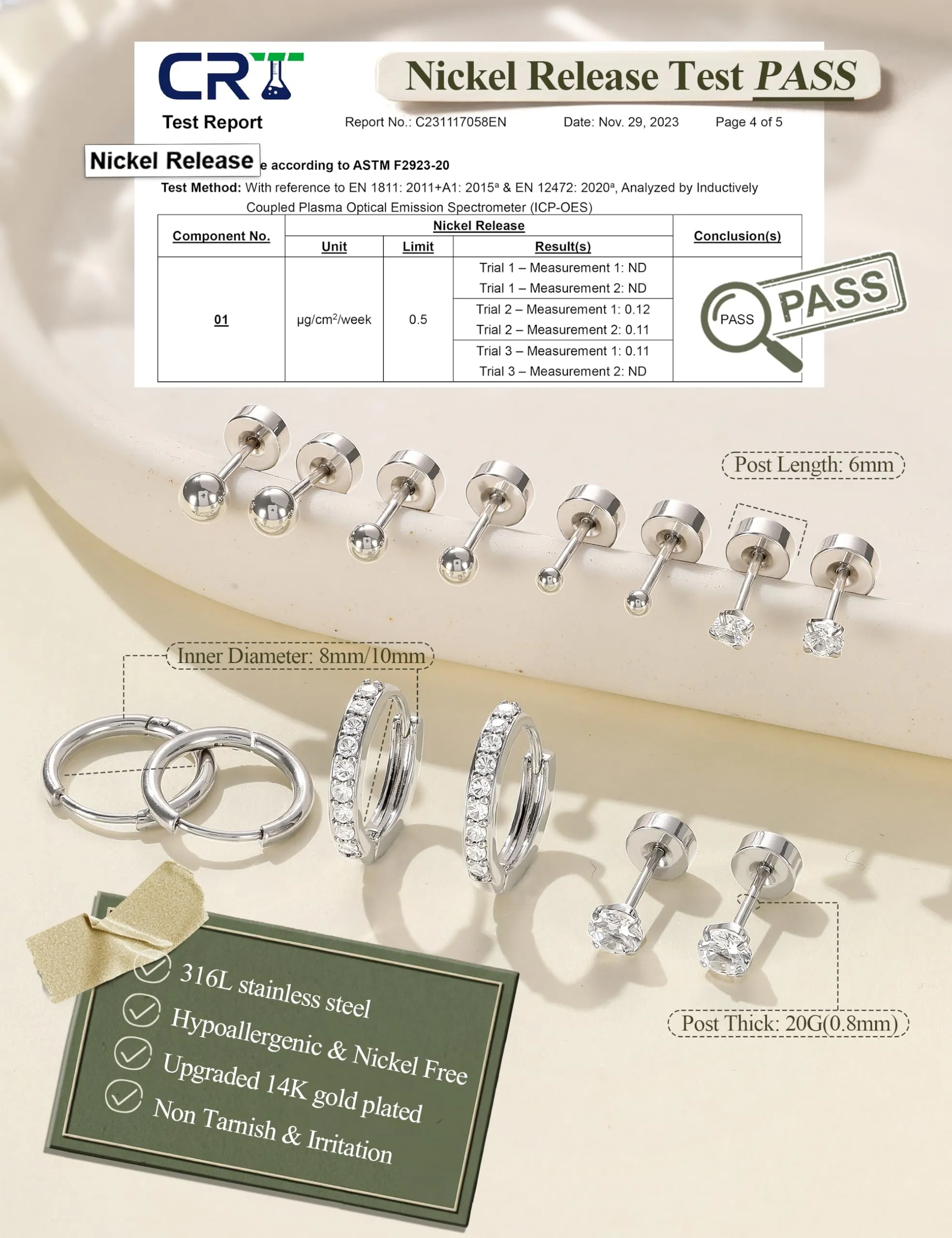 Diamday Set 12 Paia Orecchini in Acciaio Chirurgico Placcati Oro 14K per Piercing Helix e Cartilagine - immagine 5