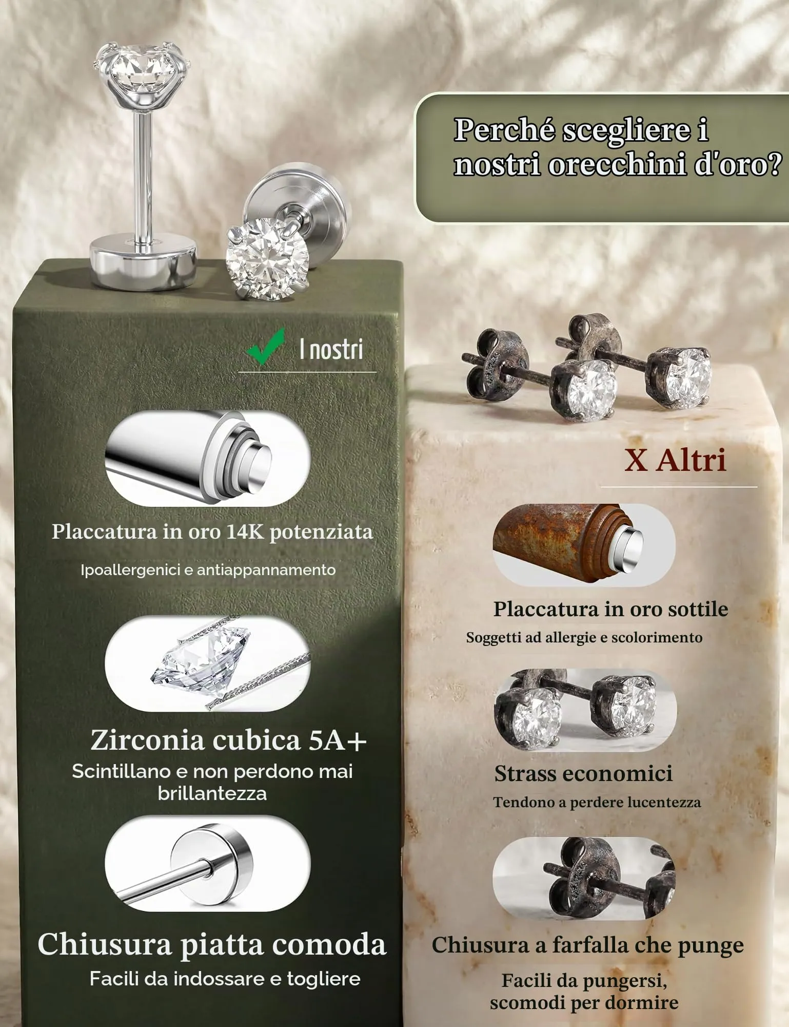 Diamday Set 12 Paia Orecchini in Acciaio Chirurgico Placcati Oro 14K per Piercing Helix e Cartilagine - immagine 7