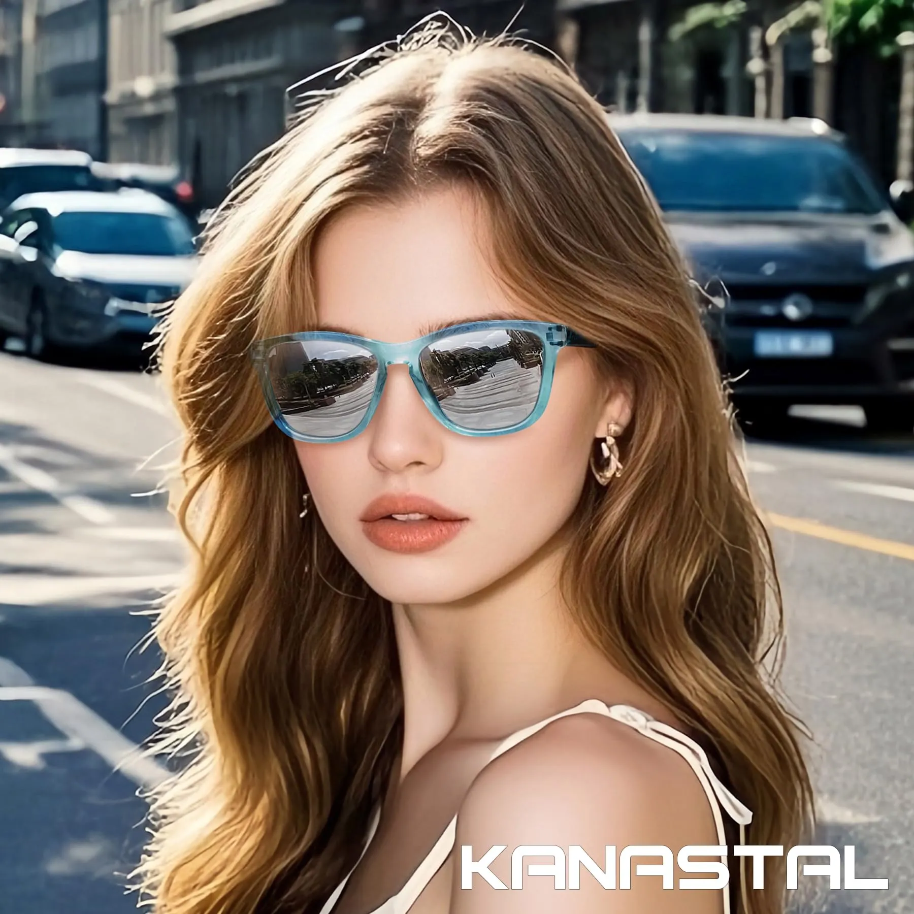 KANASTAL Occhiali da Sole Polarizzati UV400 Specchio Argento Montatura Blu - immagine 2