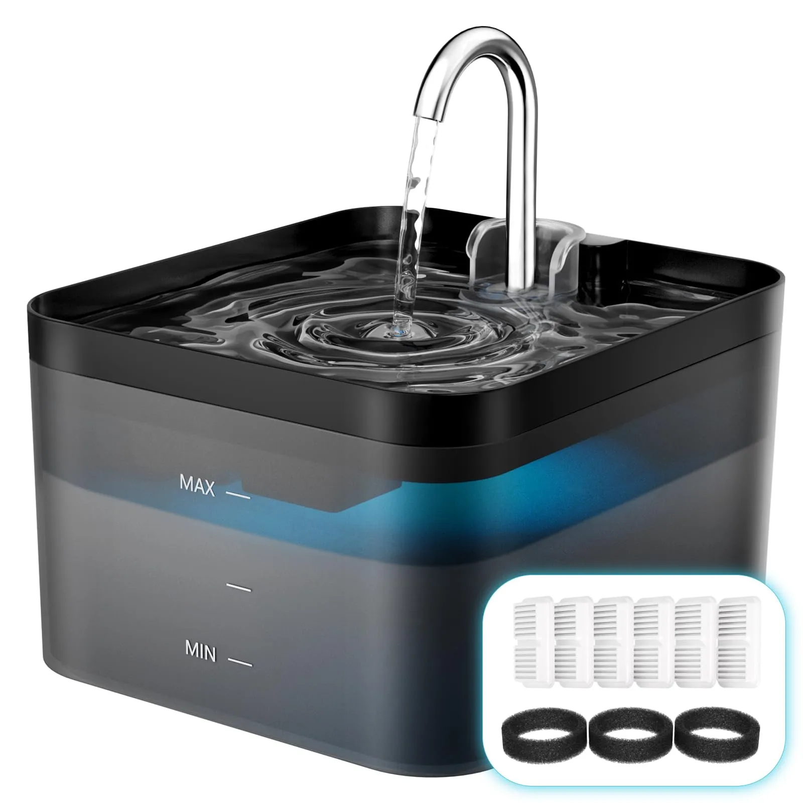 PawPoll Fontanella per Gatti, 2,2L, Ultra Silenziosa, con LED, Nero, Include 6 Filtri e 3 Spugne - immagine 1