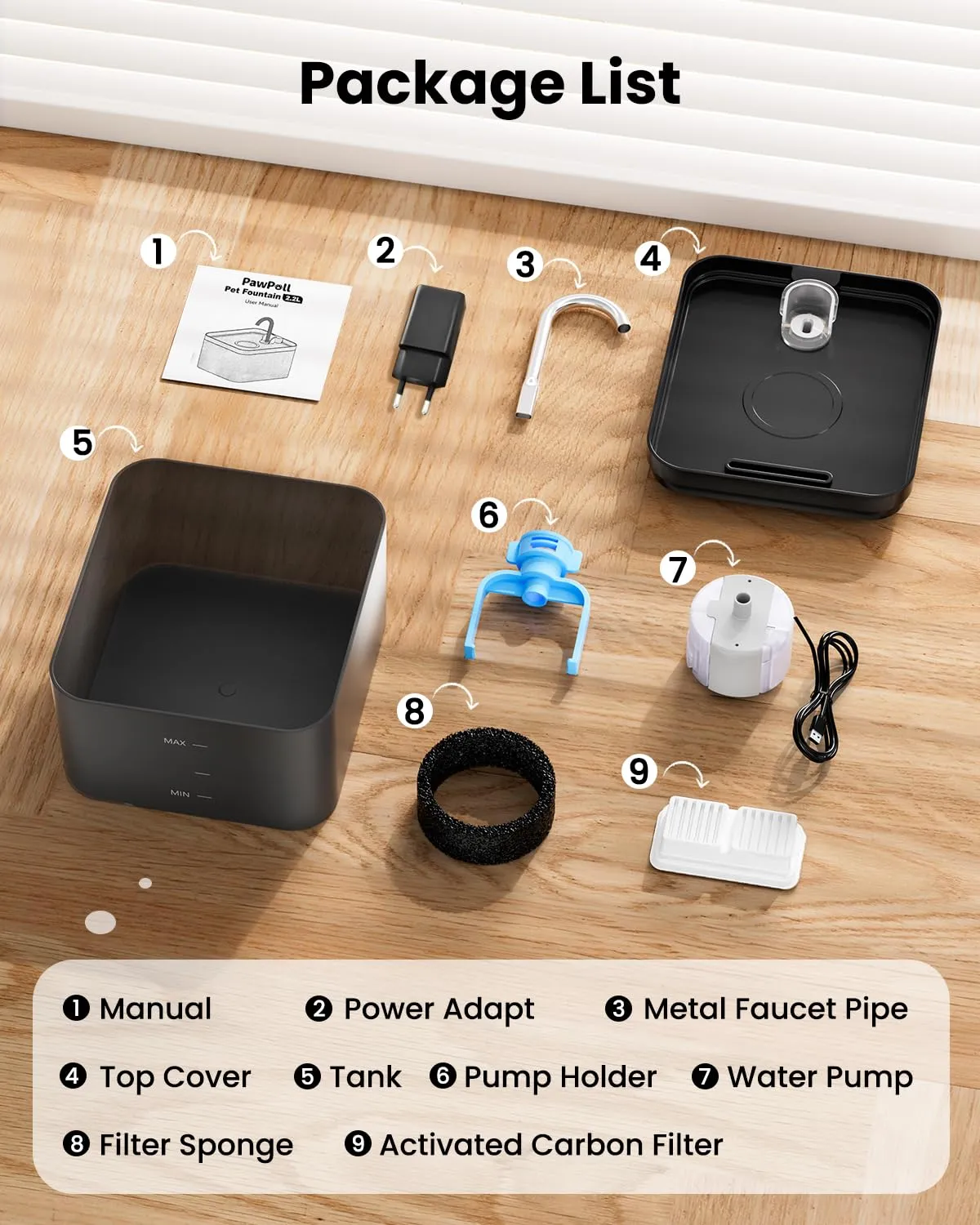 PawPoll Fontanella per Gatti, 2,2L, Ultra Silenziosa, con LED, Nero, Include 6 Filtri e 3 Spugne - immagine 8