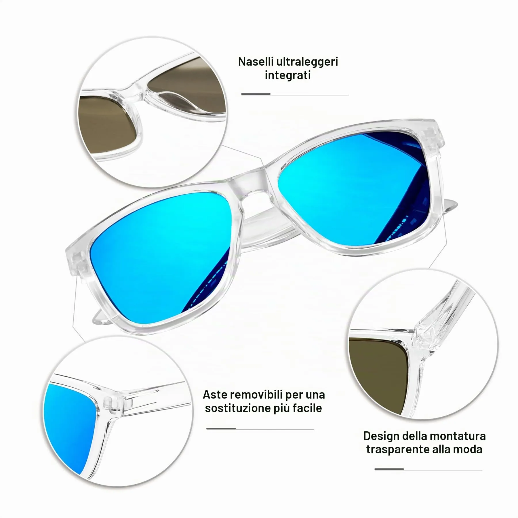 KANASTAL Occhiali da Sole Polarizzati UV400 Blu Specchio Montatura Trasparente Unisex - immagine 4