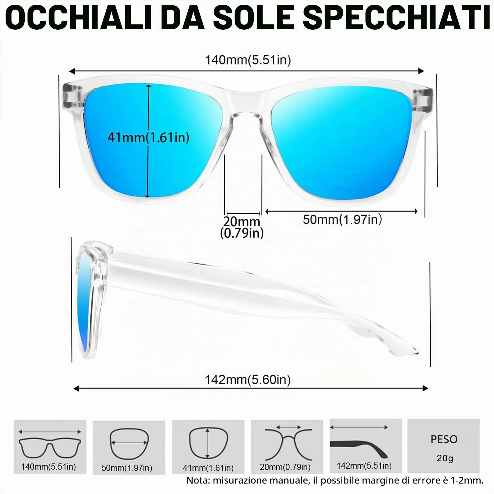 KANASTAL Occhiali da Sole Polarizzati UV400 Blu Specchio Montatura Trasparente Unisex - immagine 5