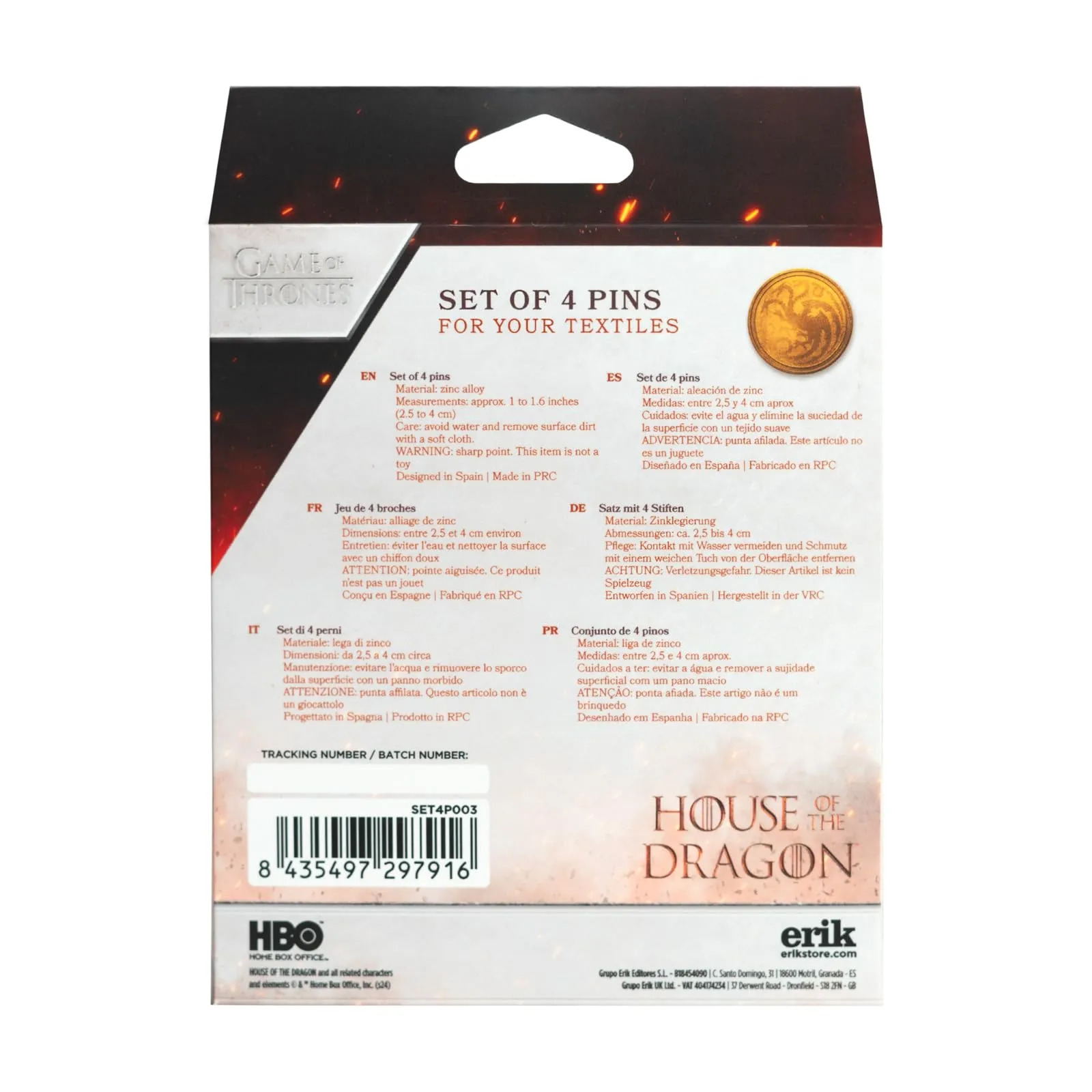 Grupo Erik House of Dragon Set 4 Spille Smaltate con Scatola Regalo - immagine 7
