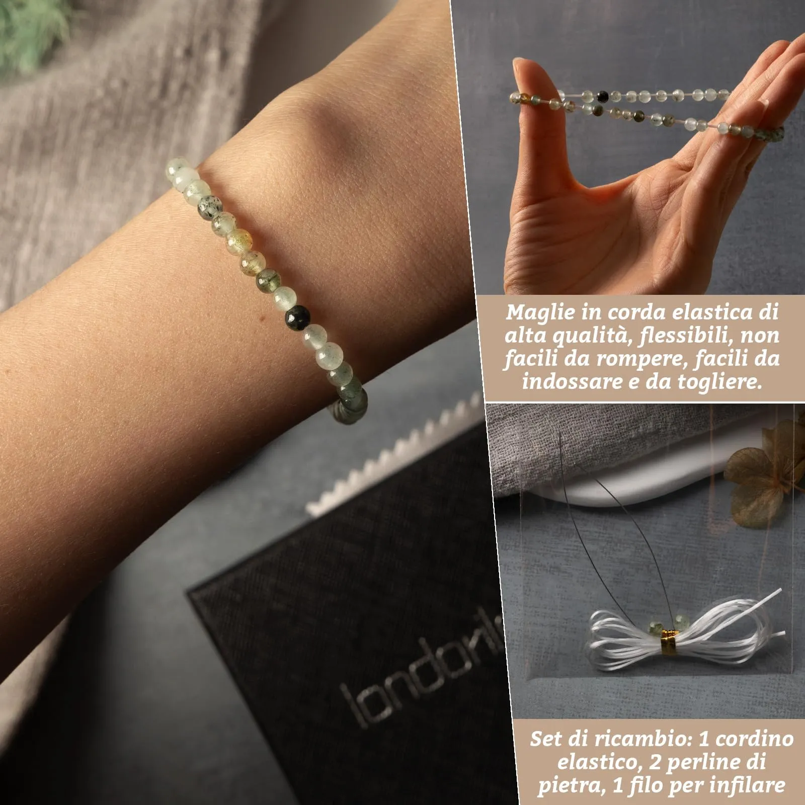 Landorilo Bracciale in Pietra Naturale 4 mm, Specchio Verde, 18-19 cm - immagine 5