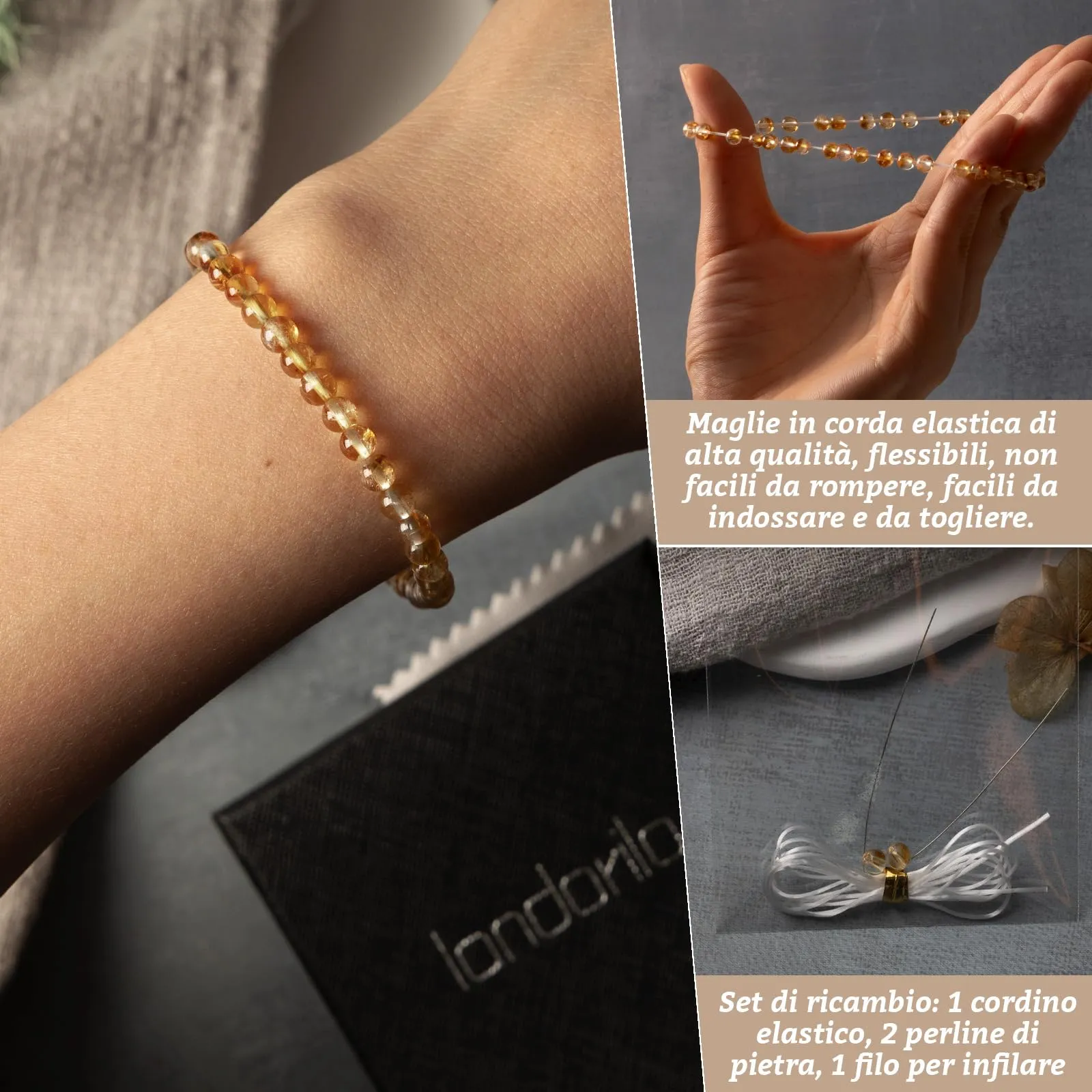 Landorilo Bracciale in Pietra Naturale 4 mm, 3A Citrino, 18-19 cm - immagine 5