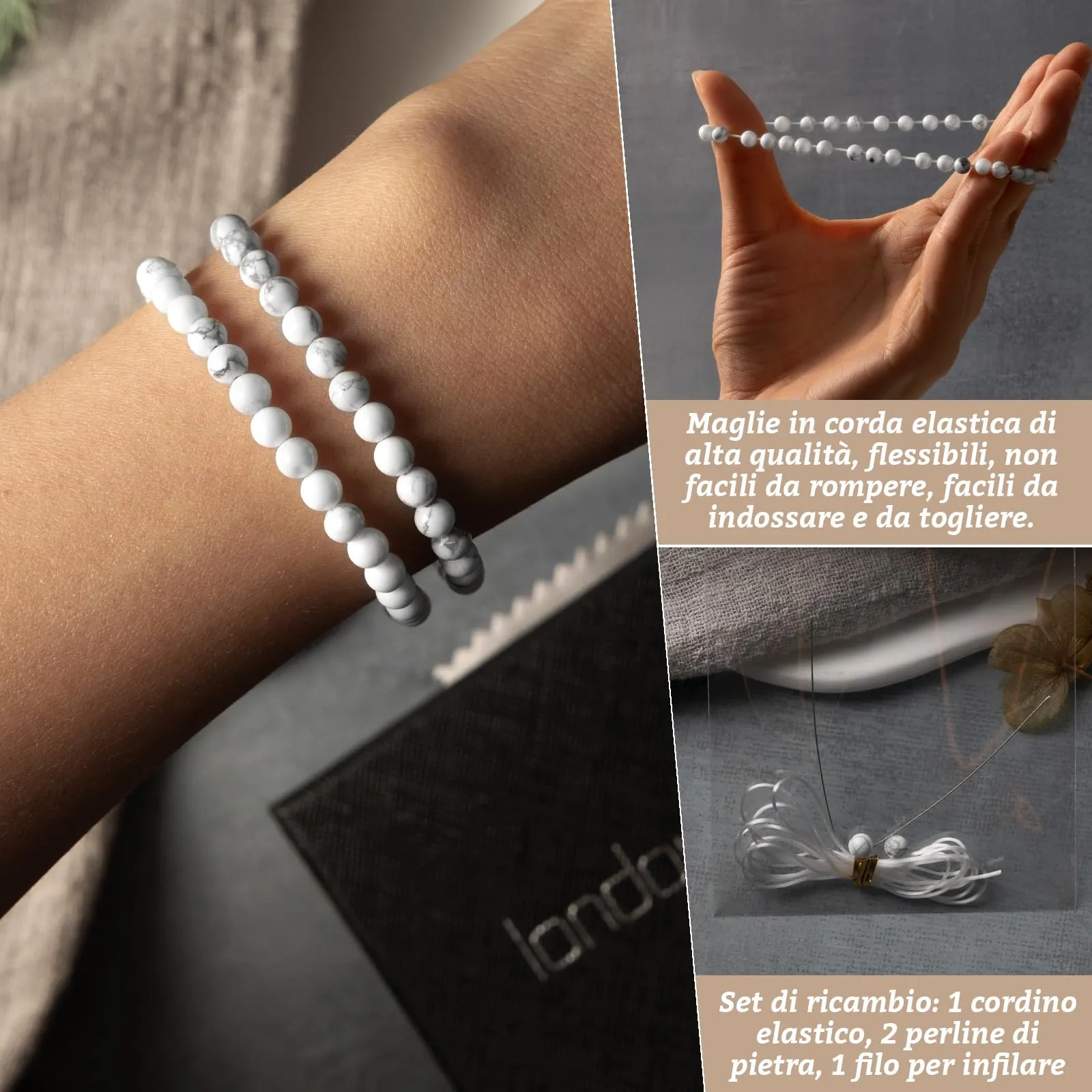 Landorilo Bracciale in Pietra Naturale 4 mm, 2 Pezzi Bianco Turchese - immagine 5