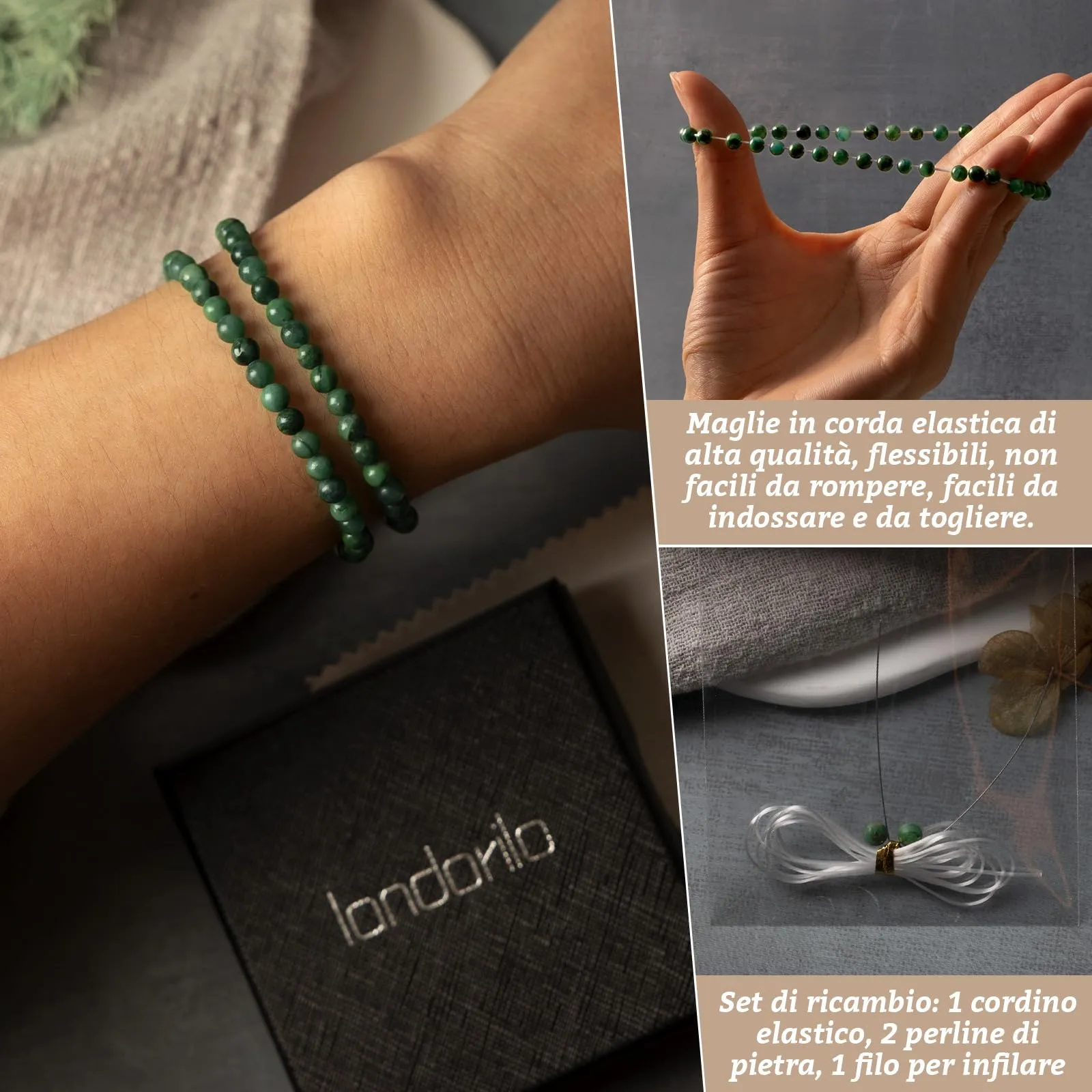 Landorilo Bracciale in Pietra Naturale Crisoprasio 4 mm, Set da 2 Pezzi, 18-19 cm - immagine 5