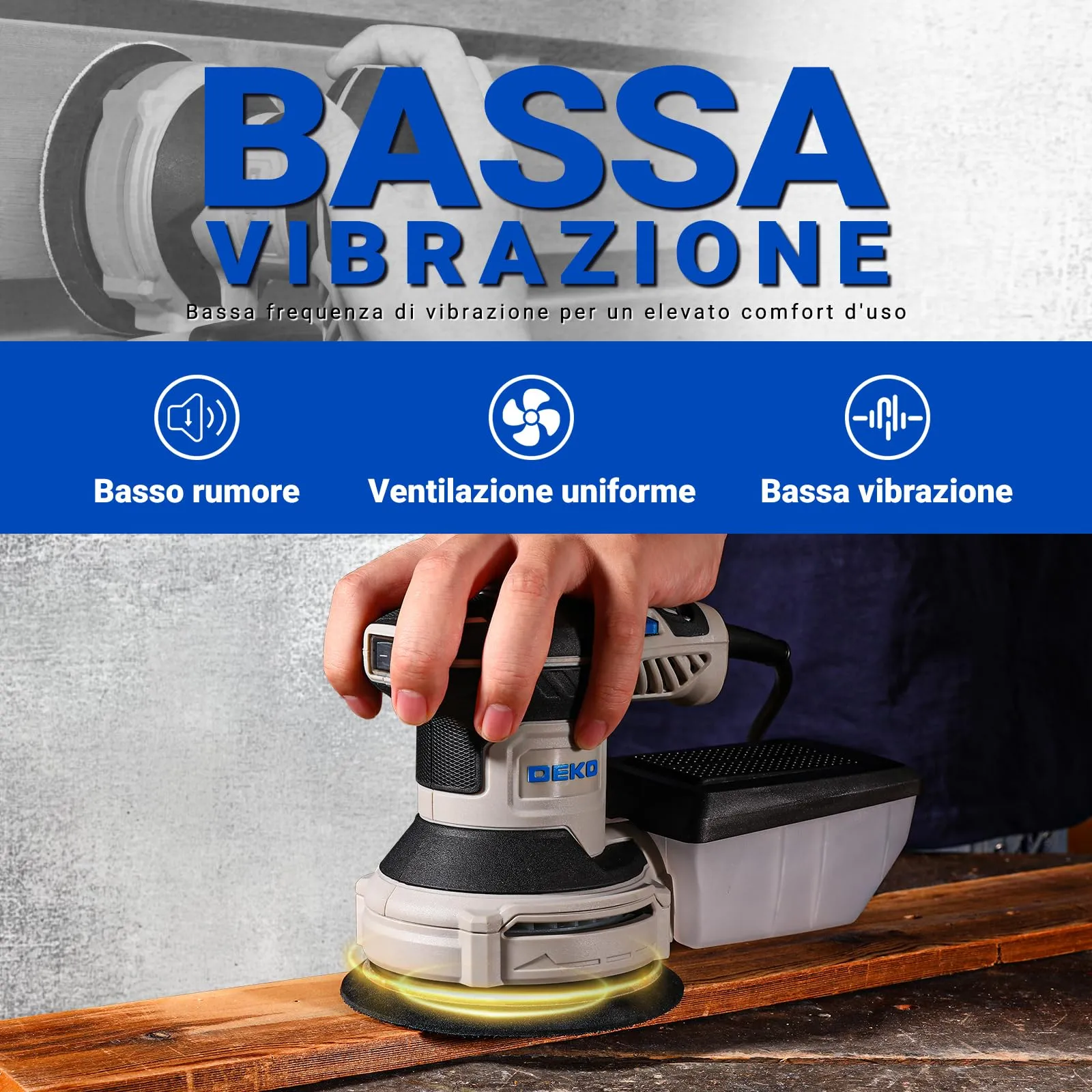 DEKOPRO Levigatrice Orbitale 300W, 6 velocità variabile 14000RPM, 125mm con sistema di raccolta della polvere - immagine 2