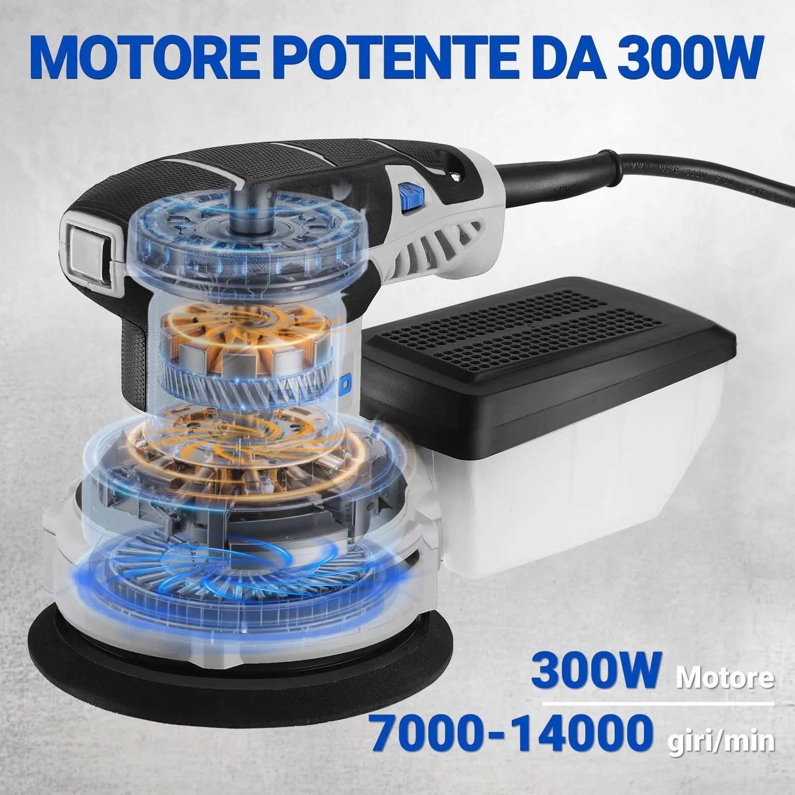 DEKOPRO Levigatrice Orbitale 300W, 6 velocità variabile 14000RPM, 125mm con sistema di raccolta della polvere - immagine 3