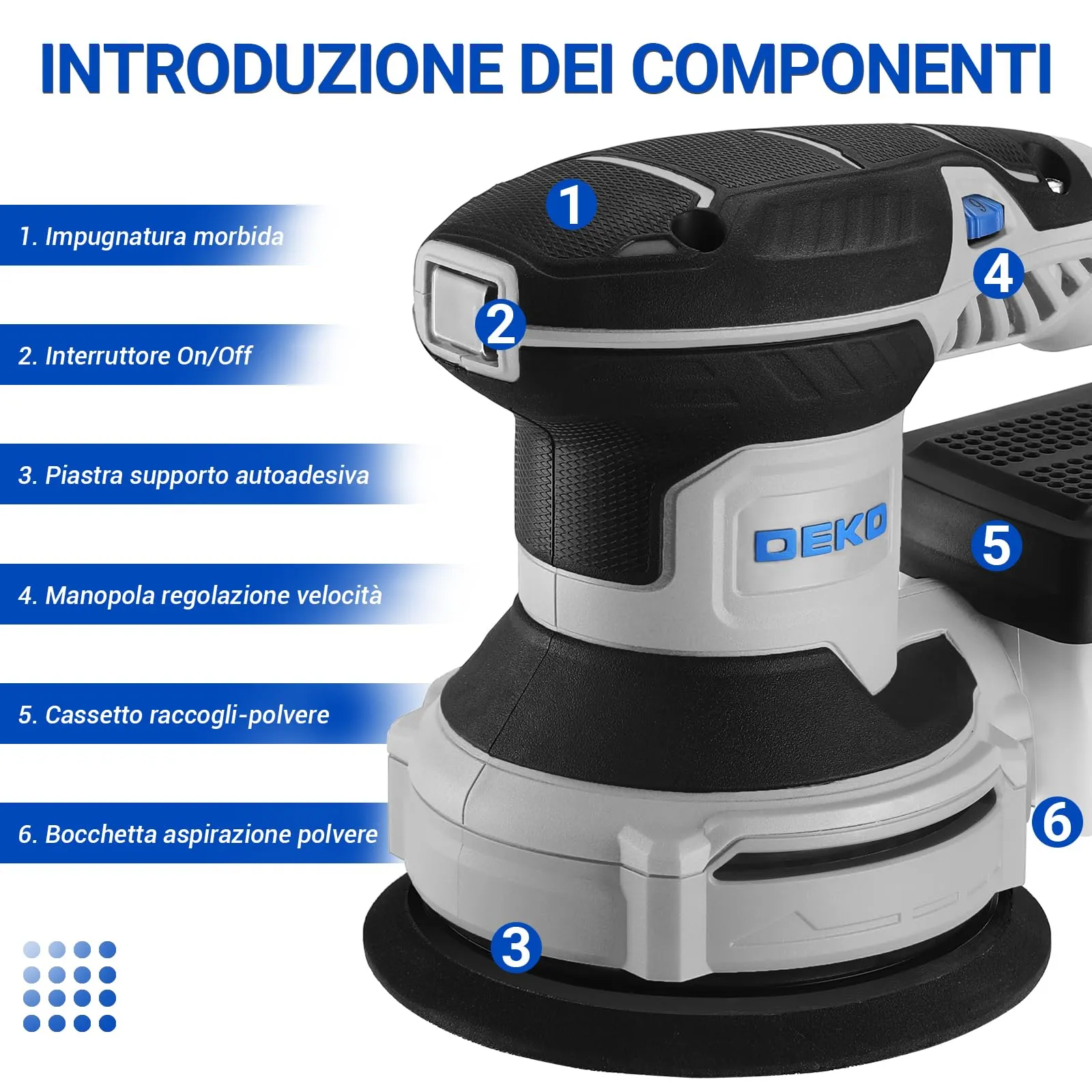 DEKOPRO Levigatrice Orbitale 300W, 6 velocità variabile 14000RPM, 125mm con sistema di raccolta della polvere - immagine 5