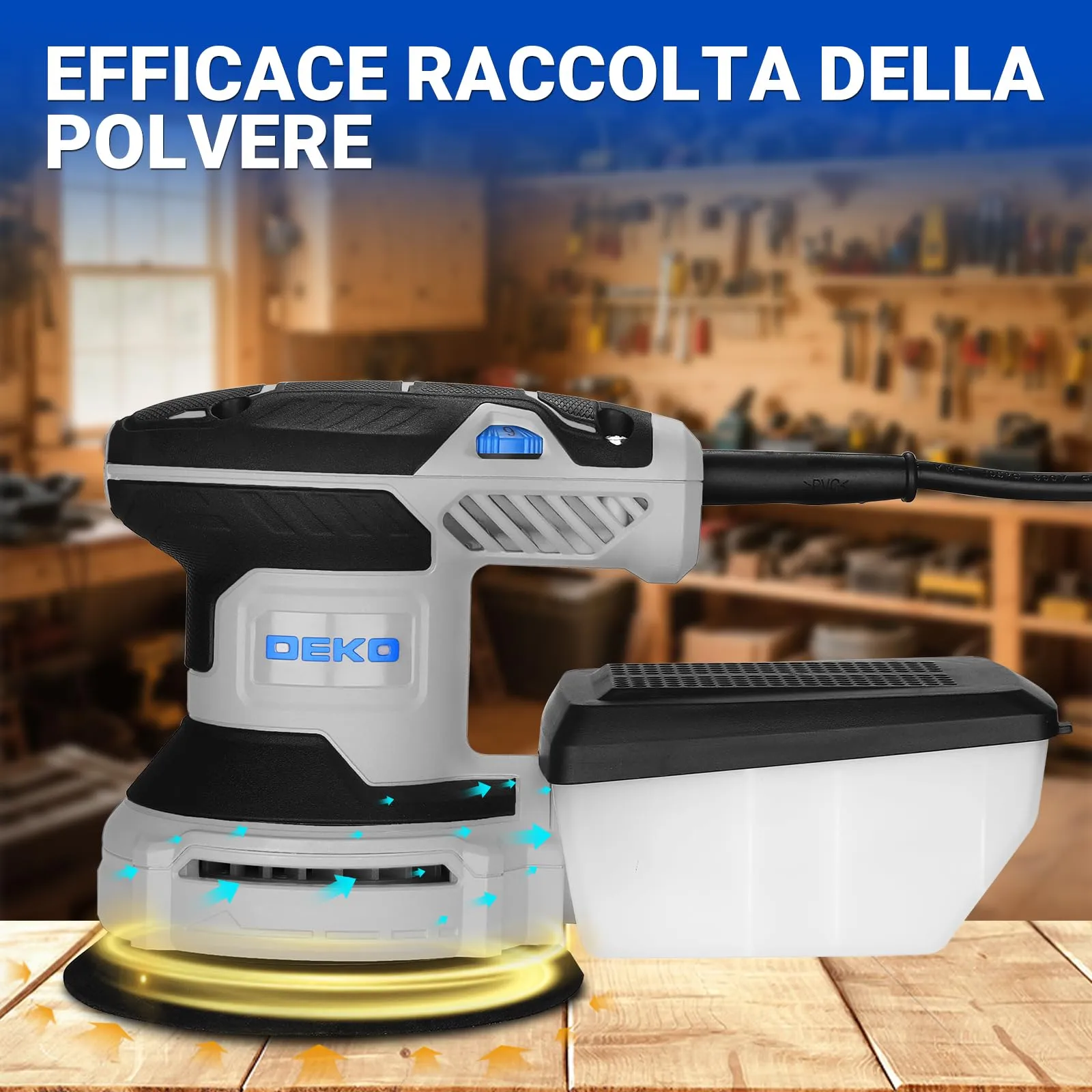DEKOPRO Levigatrice Orbitale 300W, 6 velocità variabile 14000RPM, 125mm con sistema di raccolta della polvere - immagine 6
