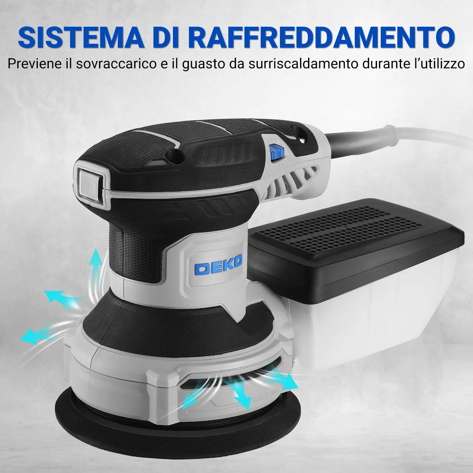 DEKOPRO Levigatrice Orbitale 300W, 6 velocità variabile 14000RPM, 125mm con sistema di raccolta della polvere - immagine 7