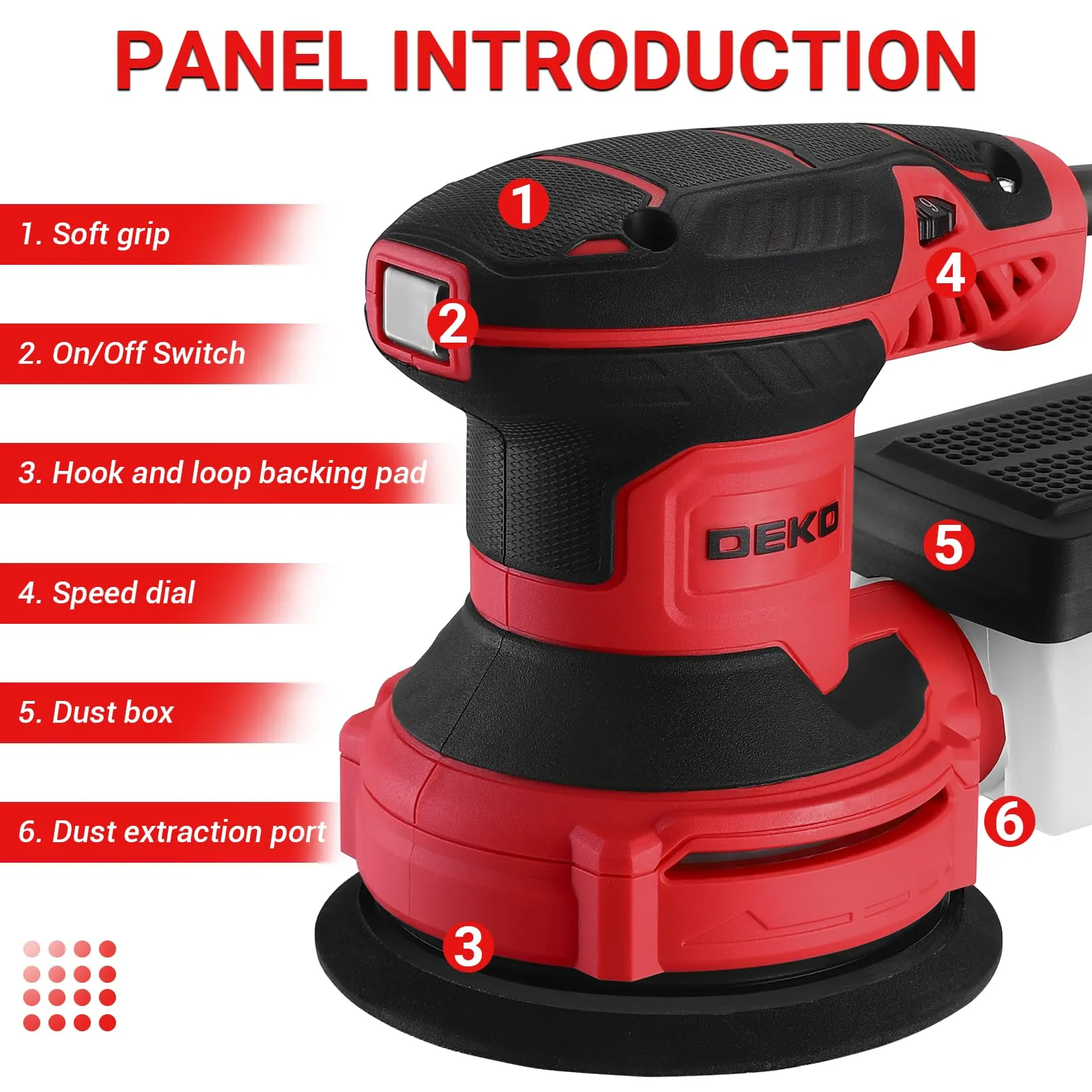 DEKOPRO 300W Levigatrice Orbitale, 6 velocità variabile, 14000RPM, 125mm, DKOS30A125R-EU - immagine 2