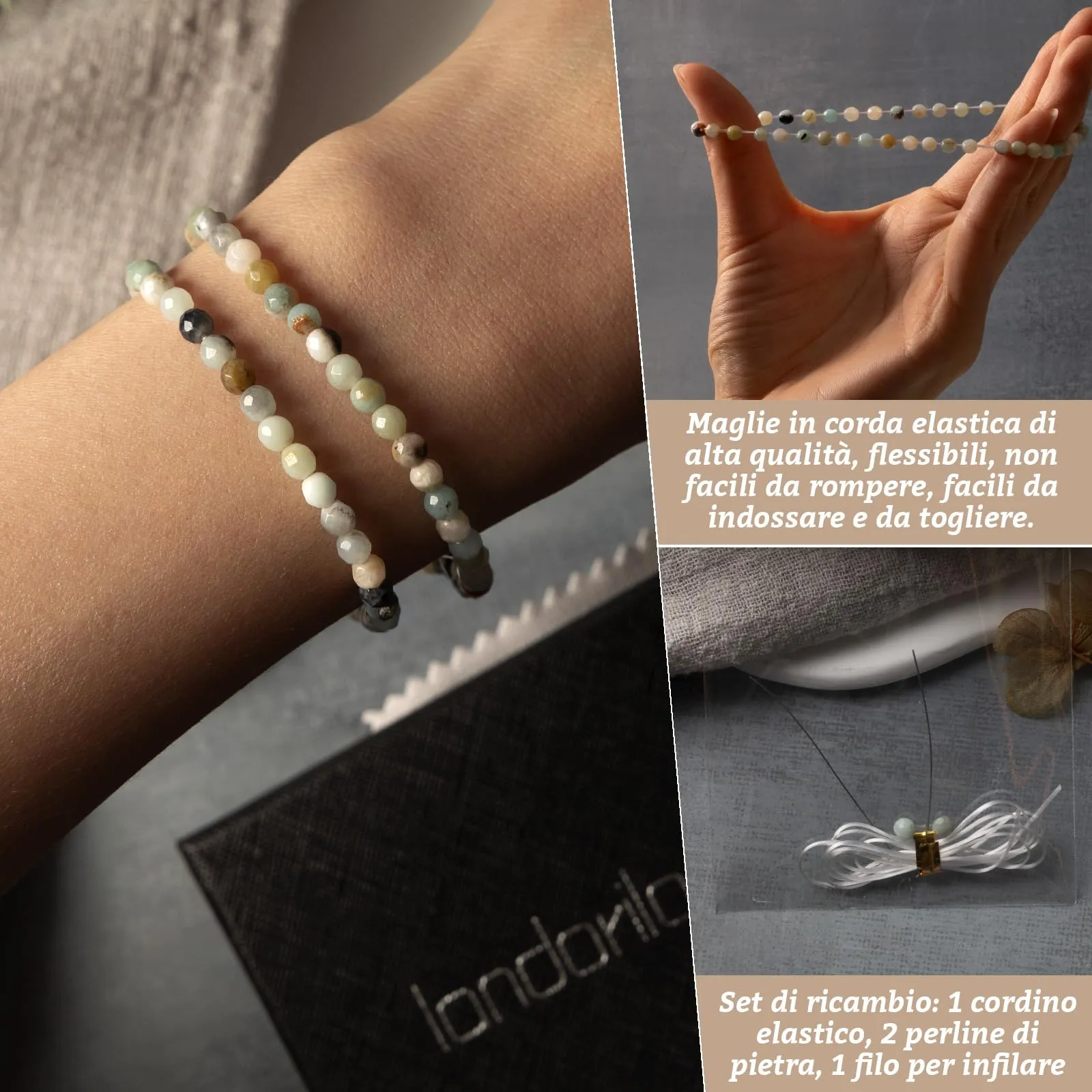Landorilo Bracciale in Pietra Naturale Amazzonite 4 mm, Set da 2 pezzi - immagine 5