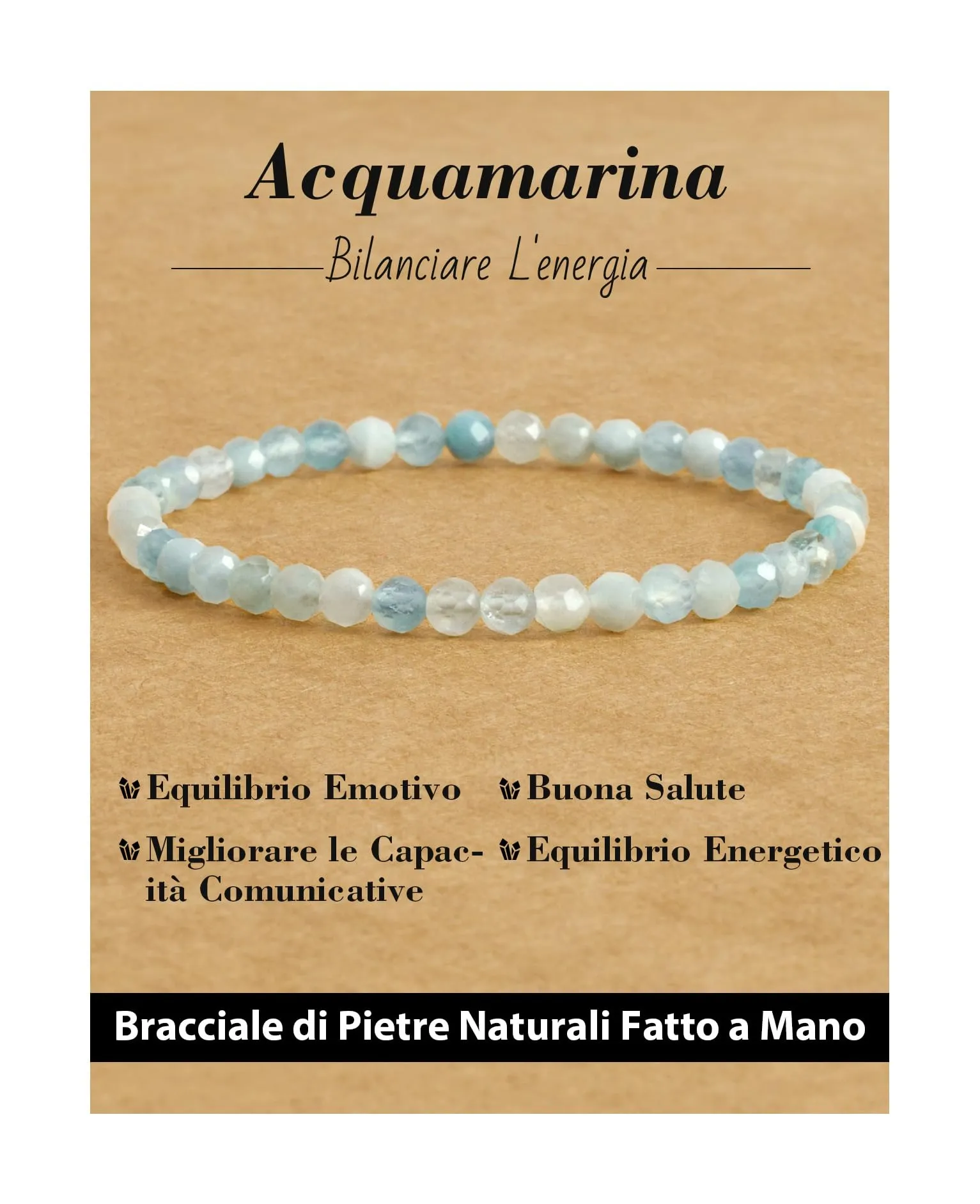 Landorilo Bracciale in Pietra Naturale Acquamarina 4 mm, 18-19 cm - immagine 1
