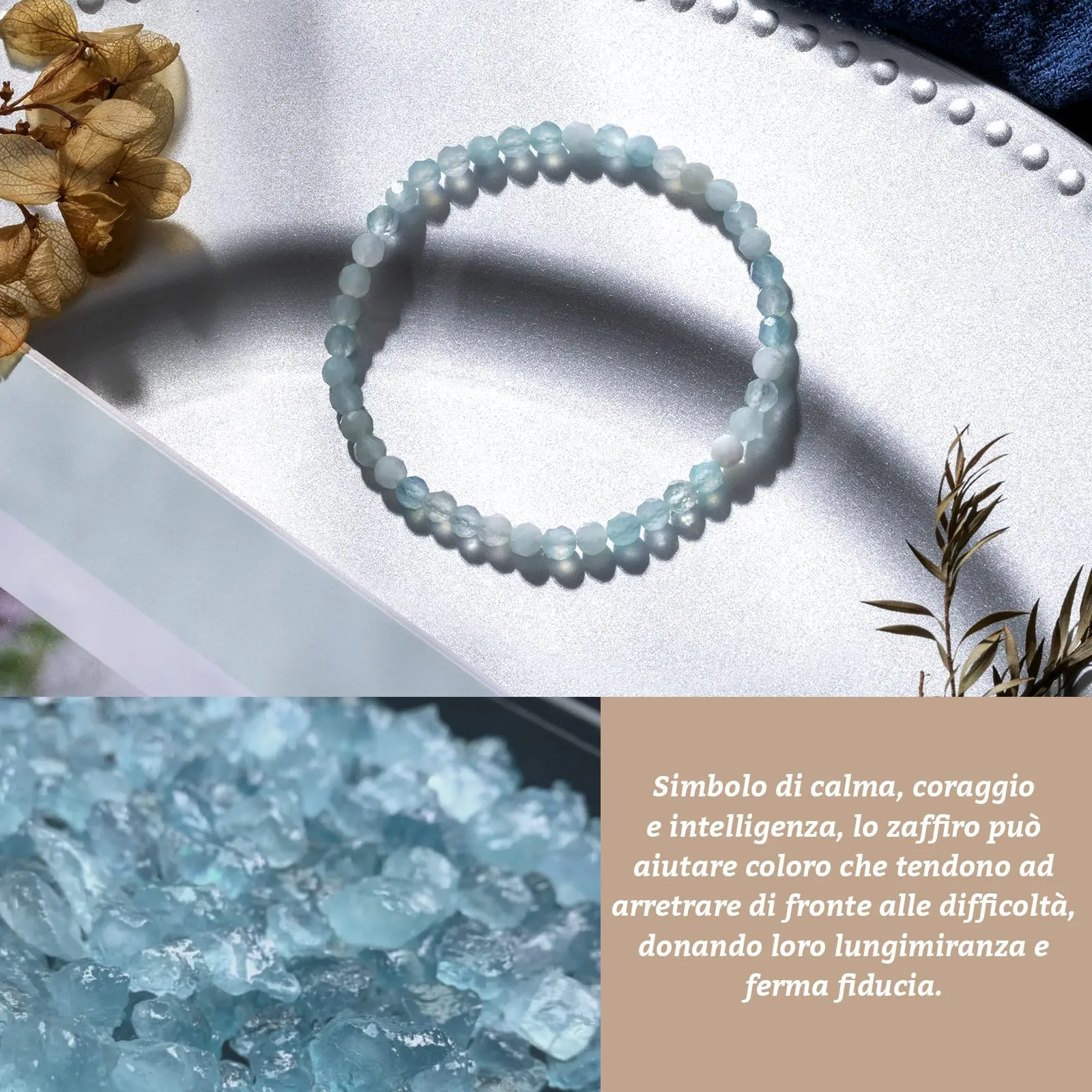 Landorilo Bracciale in Pietra Naturale Acquamarina 4 mm, 18-19 cm - immagine 3