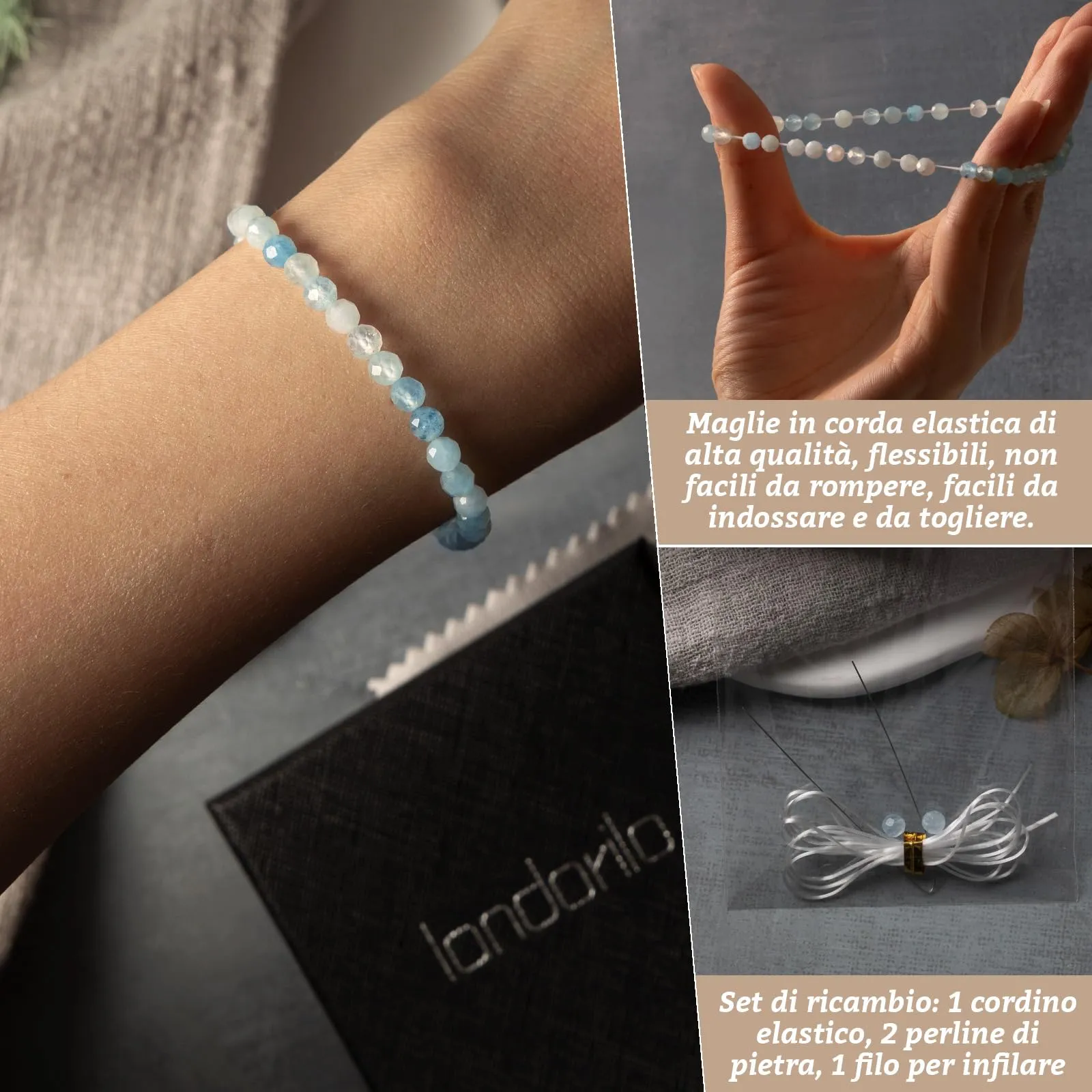 Landorilo Bracciale in Pietra Naturale Acquamarina 4 mm, 18-19 cm - immagine 5