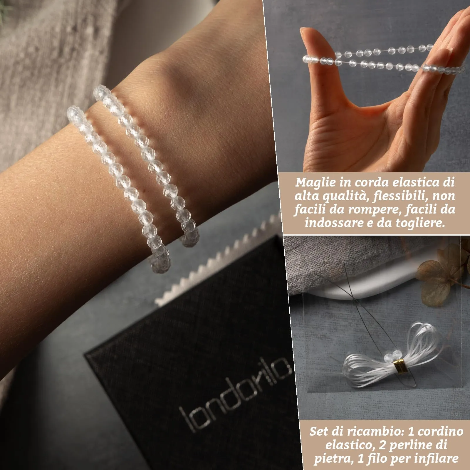 Landorilo Bracciale in Pietra Naturale Quarzo Bianco 4 mm, Set da 2 Pezzi - immagine 5