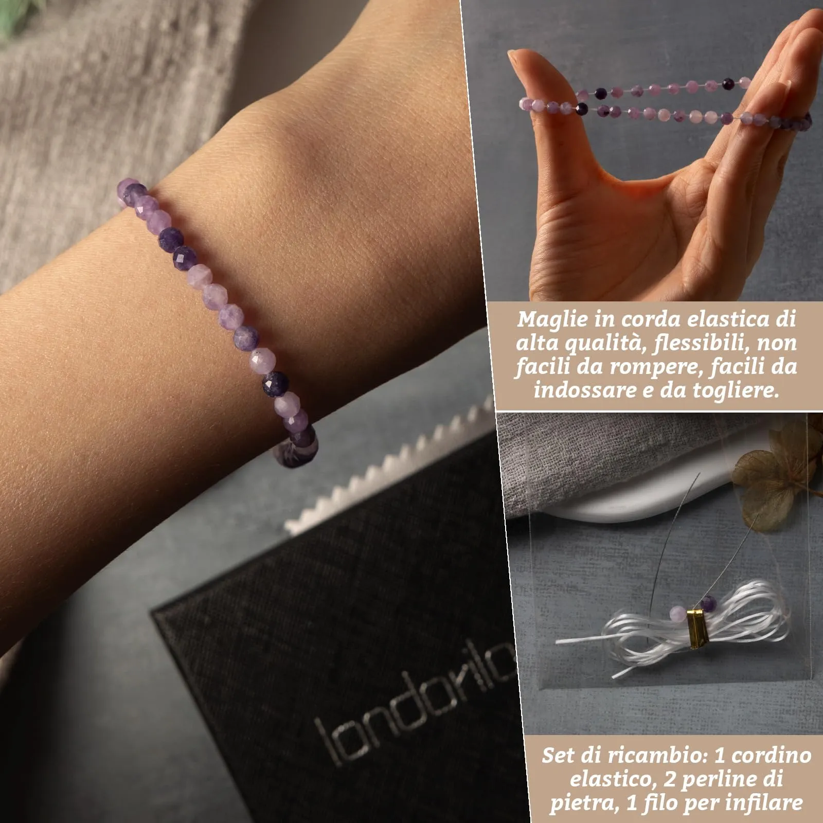 Landorilo Bracciale in Pietra Naturale Calcedonio Lavanda, 4 mm, 18-19 cm - immagine 5