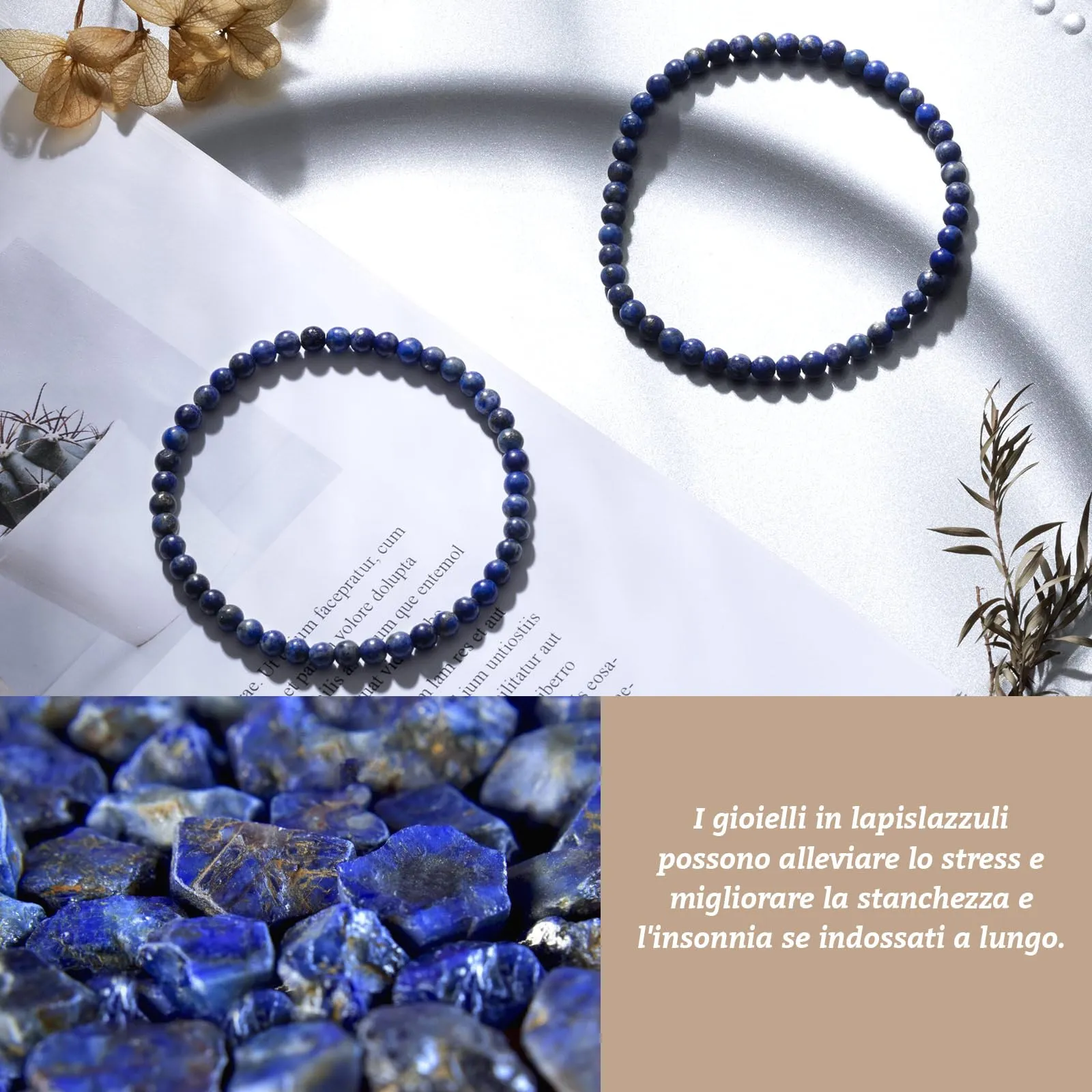 Landorilo Bracciale in Pietra Naturale Lapislazzuli, 4 mm, Set da 2 pezzi - immagine 3