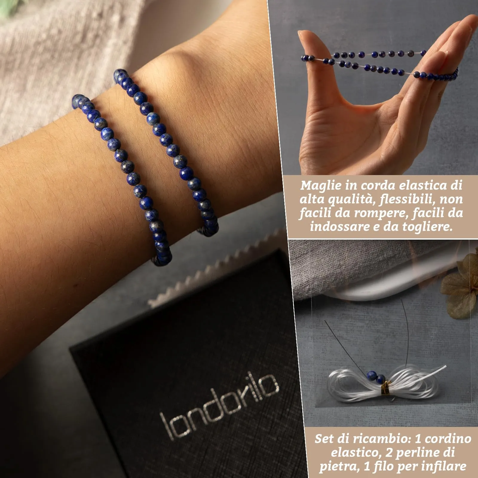 Landorilo Bracciale in Pietra Naturale Lapislazzuli, 4 mm, Set da 2 pezzi - immagine 5
