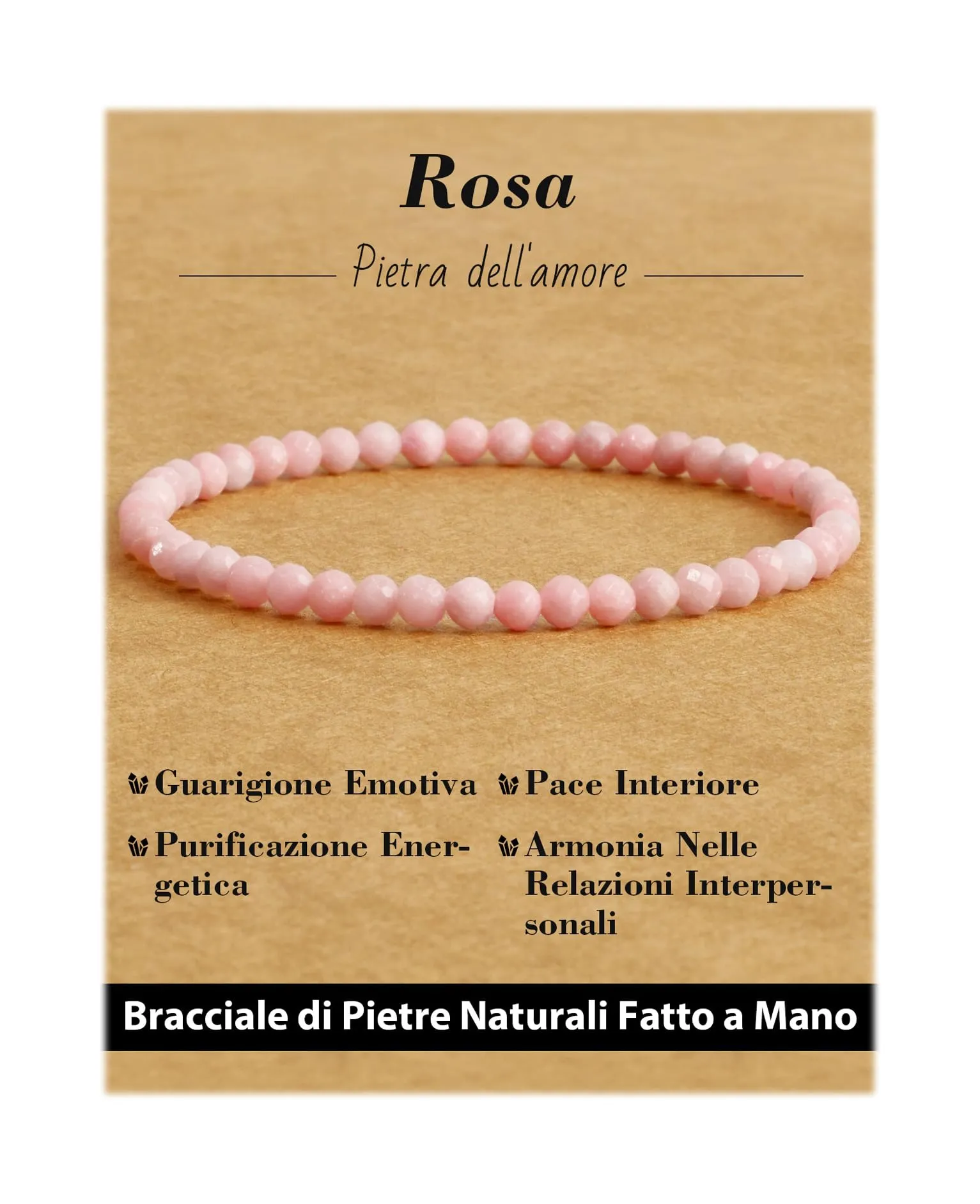 Landorilo Bracciale in Pietra Naturale Sfaccettata 4 mm, Rosa - immagine 1
