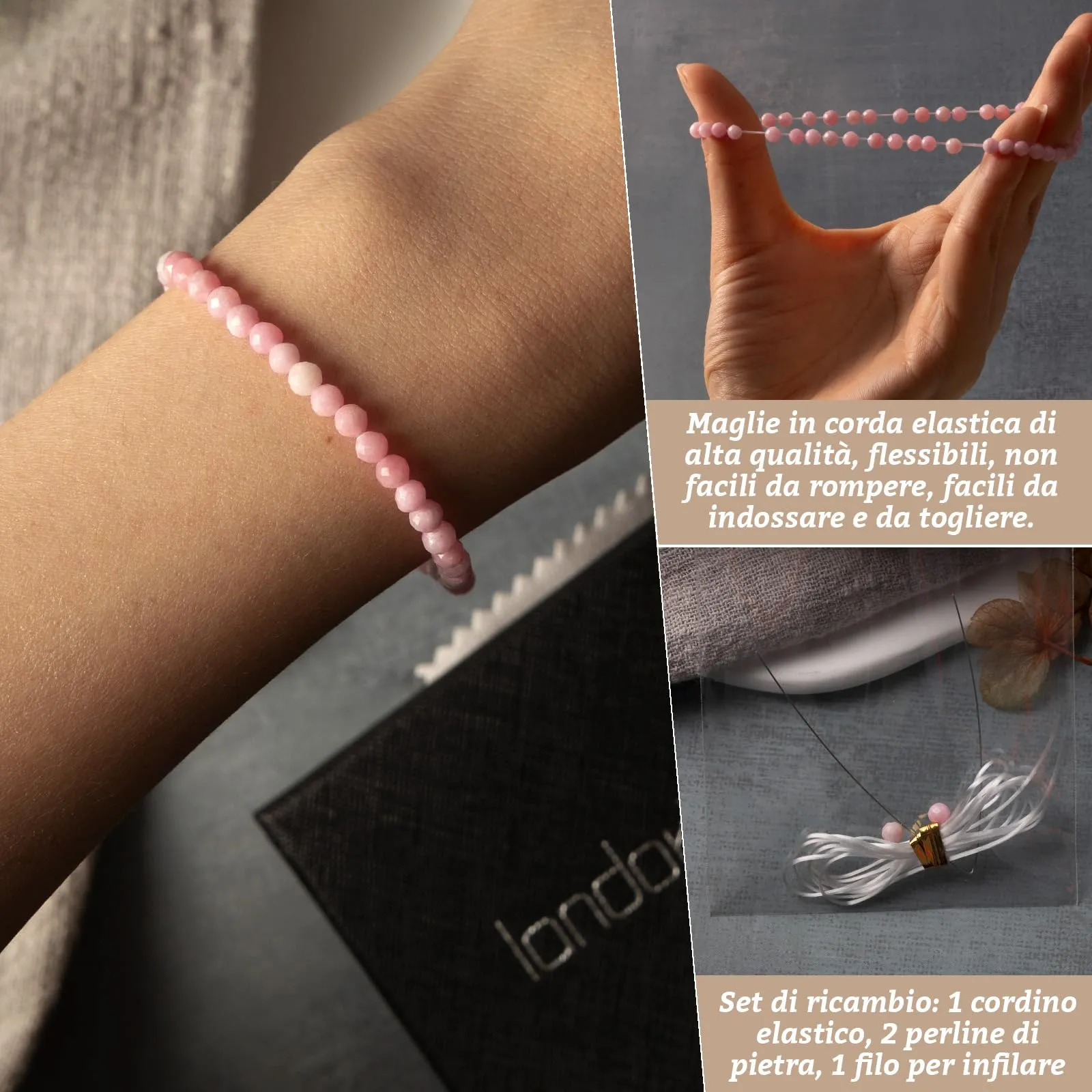 Landorilo Bracciale in Pietra Naturale Sfaccettata 4 mm, Rosa - immagine 5