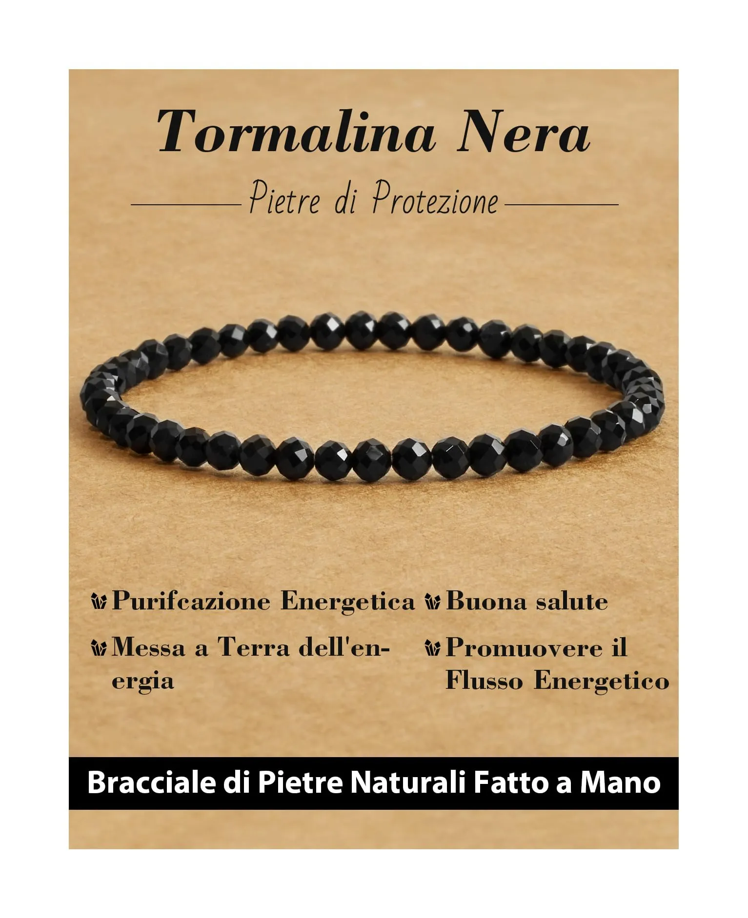 Landorilo Bracciale in Tormalina Nera, Pietra Naturale 4 mm - immagine 1