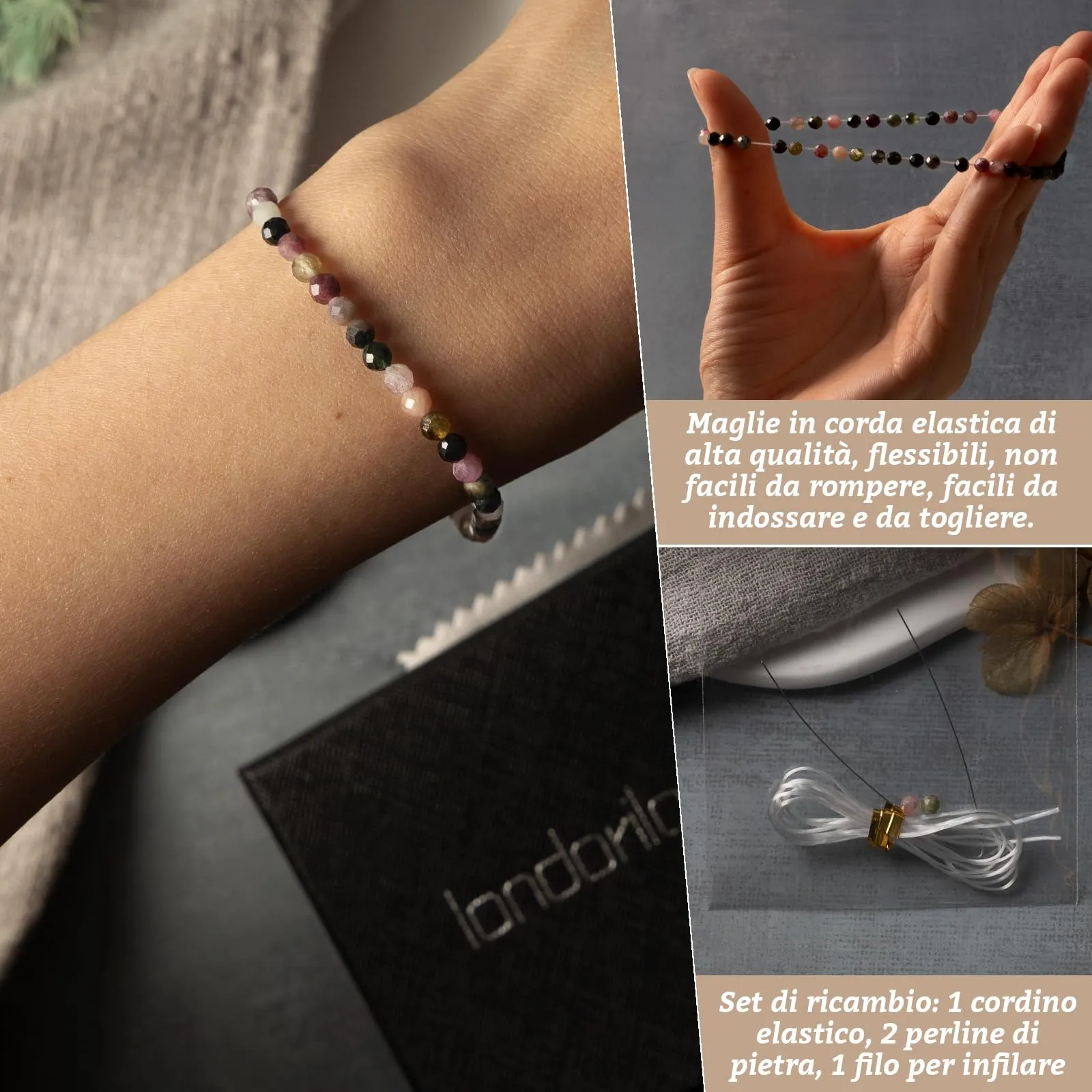 Landorilo Bracciale in Pietra Naturale Diaspro Colorato 4 mm, 18-19 cm - immagine 5