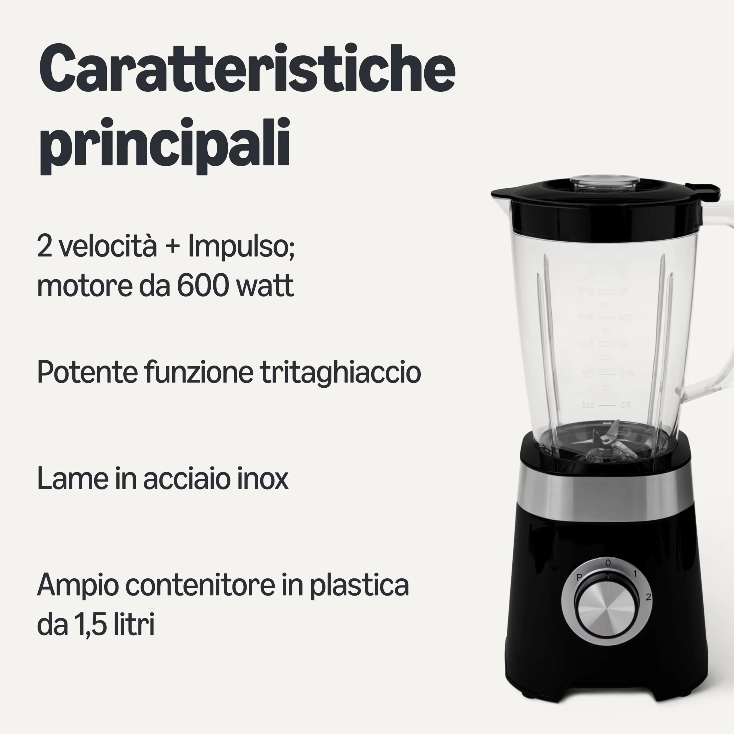 Amazon Basics Frullatore da cucina 600 W, 1,5 l, Nero - immagine 2
