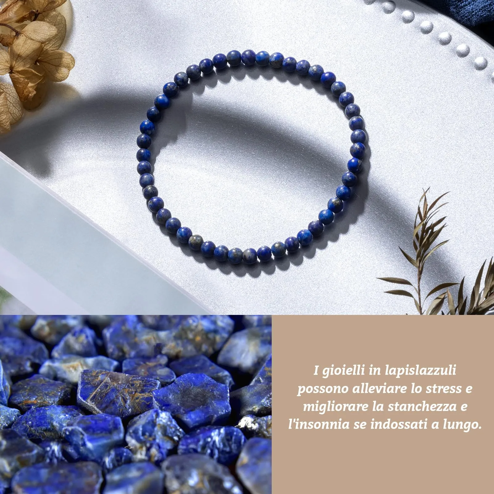 Landorilo Bracciale in Pietra Naturale Lapislazzuli, 4 mm - immagine 3