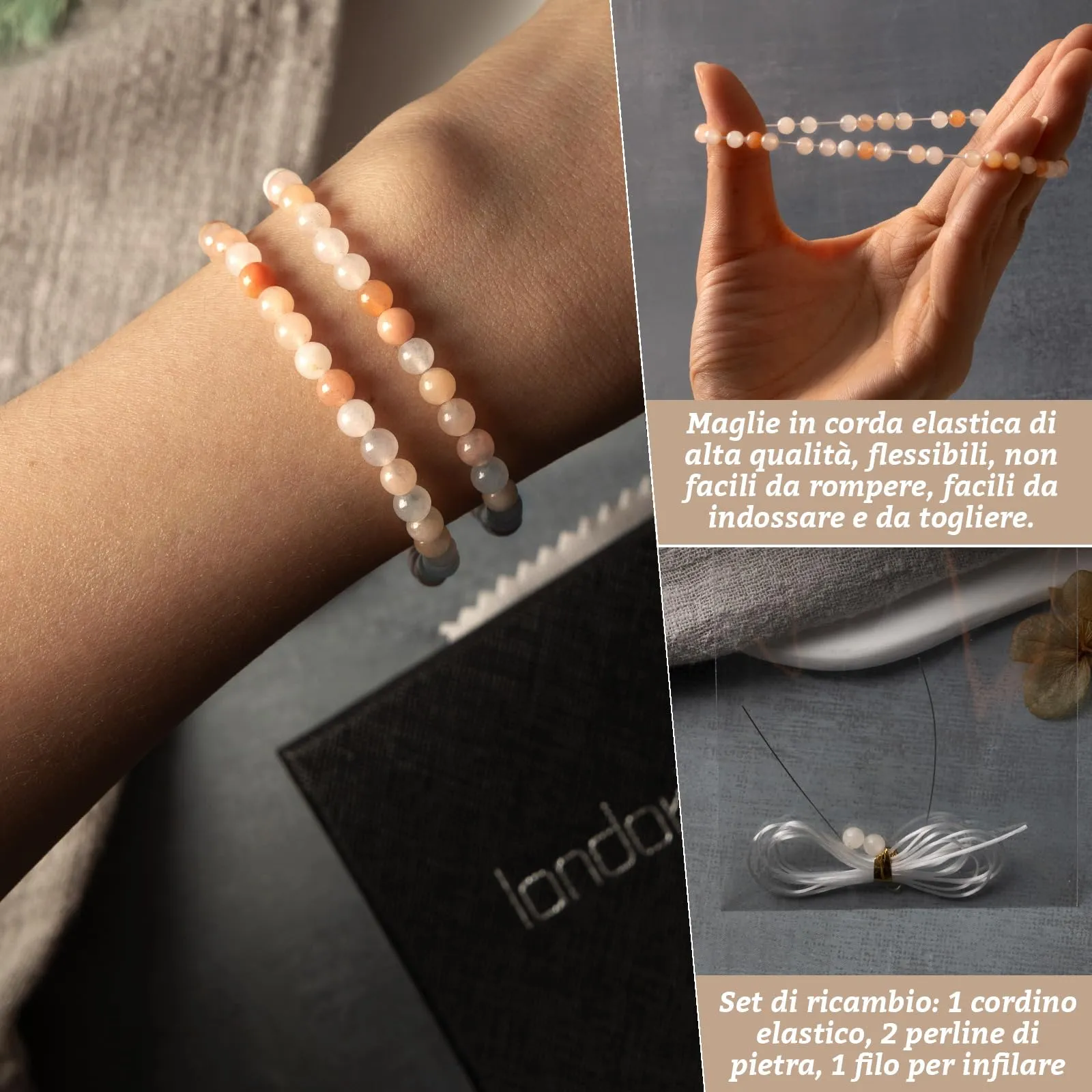 Landorilo Bracciale in Pietra Naturale 4 mm, Opale Rosa (Set da 2) - immagine 5