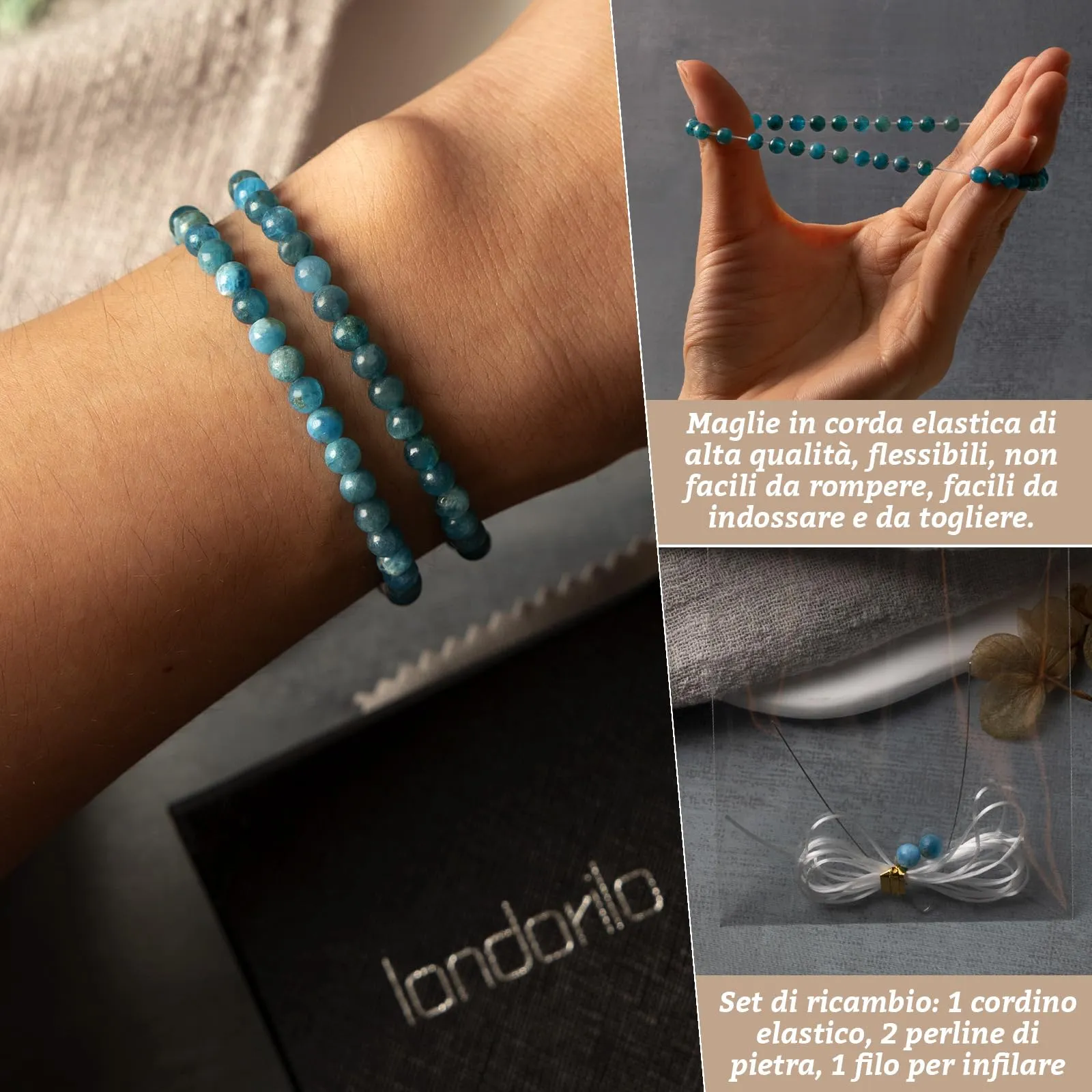 Landorilo Bracciale in Pietra Naturale Apatite 4 mm, Set da 2 Pezzi - immagine 5