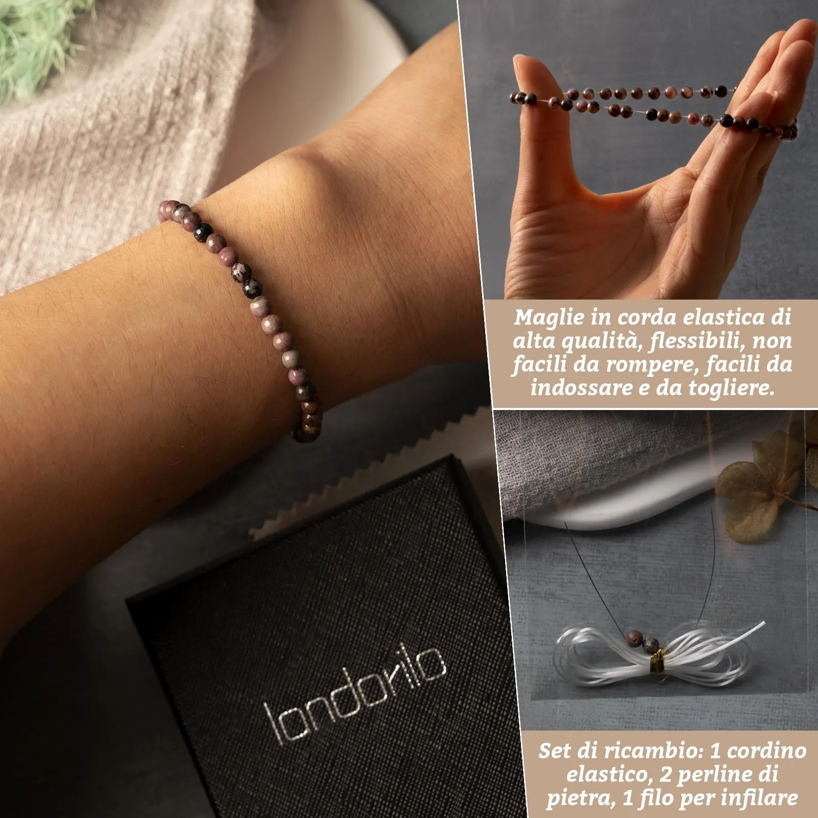 Landorilo Bracciale in Pietra Naturale 4 mm, Rodonite Nera Rosa - immagine 5