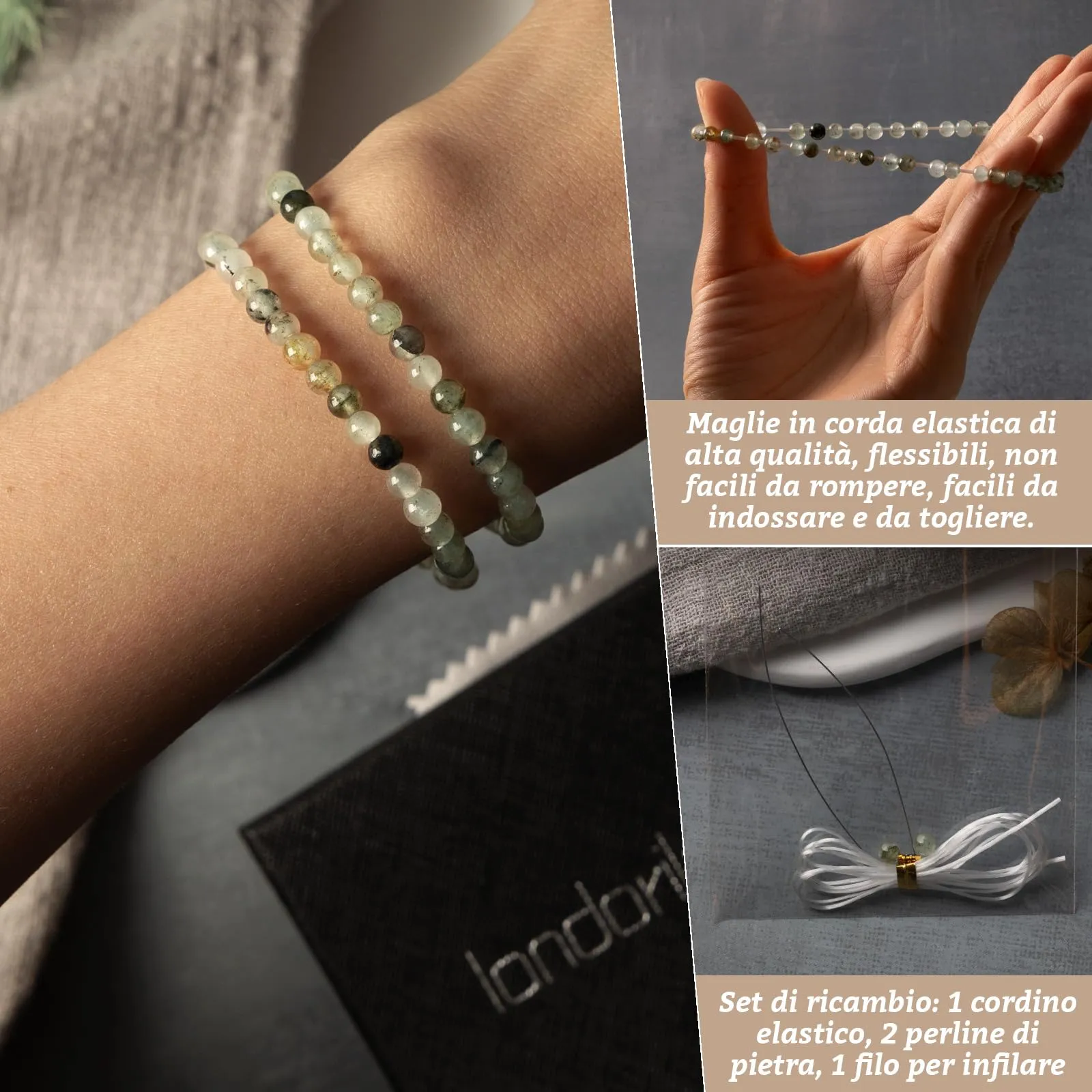 Landorilo Bracciale in Pietra Naturale 4 mm, Specchio Verde, Set da 2 Pezzi, 18-19 cm - immagine 5