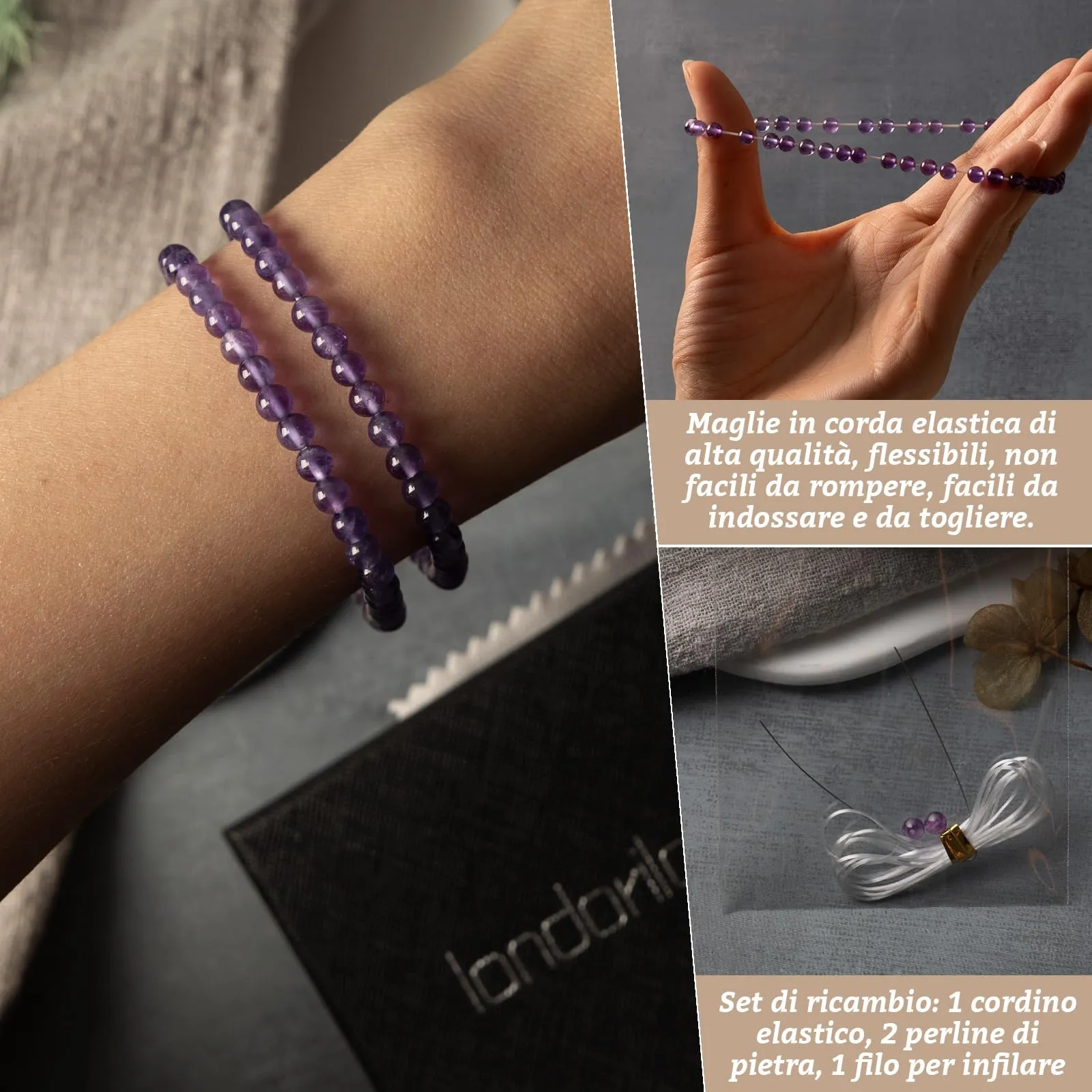 Landorilo Bracciale in Ametista Naturale 3A, 4 mm, Set da 2 Pezzi - immagine 5