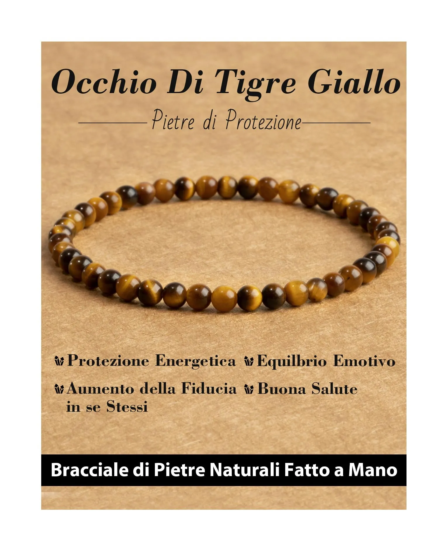 Landorilo Bracciale in Pietra Naturale 4 mm, Occhio di Tigre Giallo - immagine 1