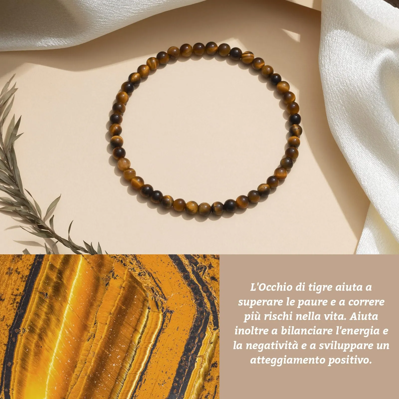 Landorilo Bracciale in Pietra Naturale 4 mm, Occhio di Tigre Giallo - immagine 3