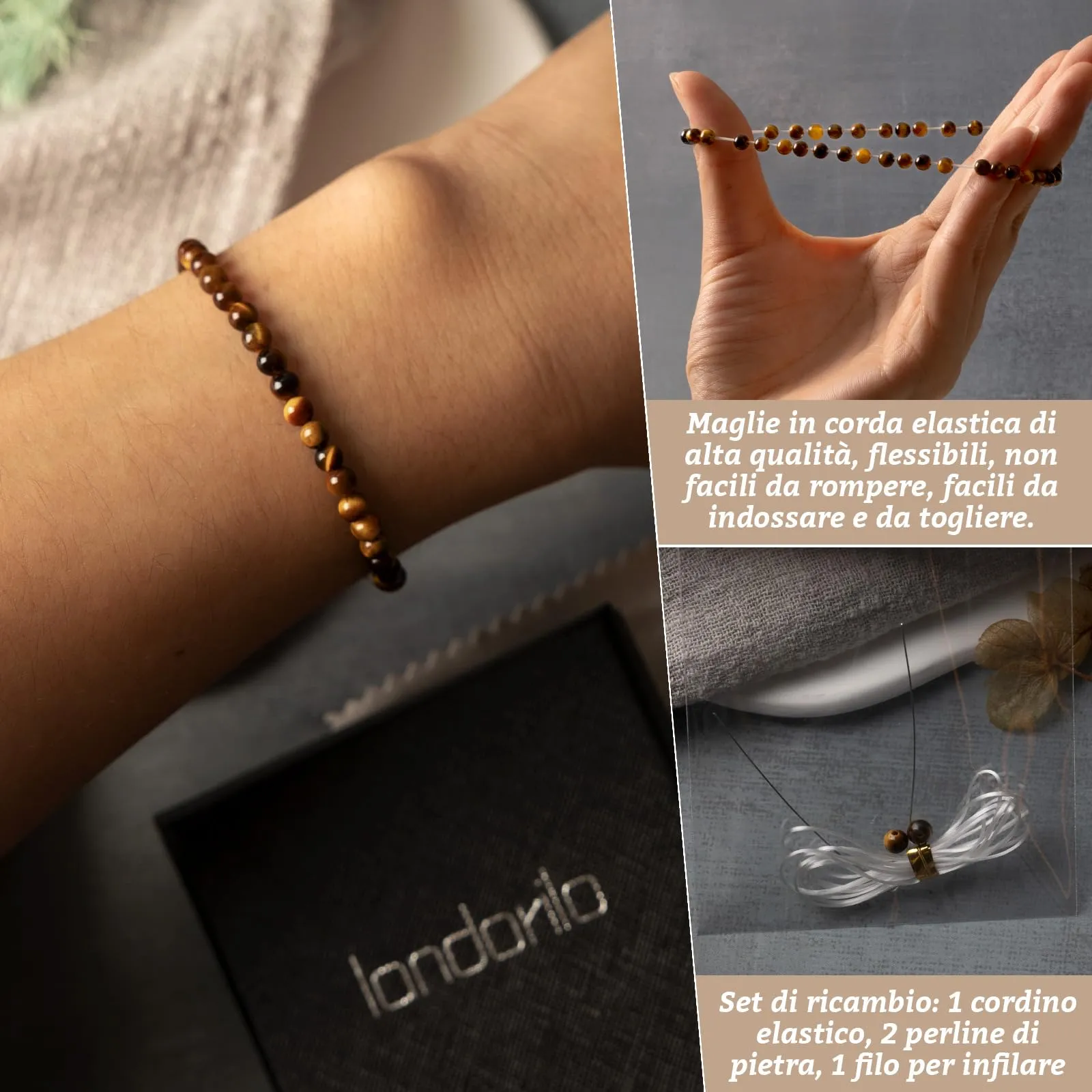 Landorilo Bracciale in Pietra Naturale 4 mm, Occhio di Tigre Giallo - immagine 5