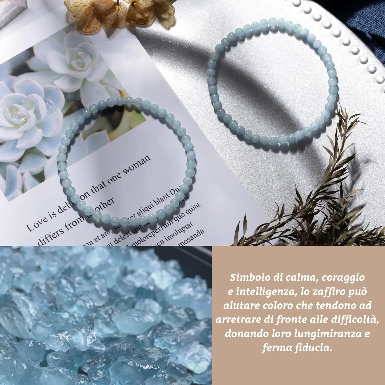 Landorilo Bracciale in Pietra Naturale Acquamarina 4 mm, Set da 2 Pezzi - immagine 3