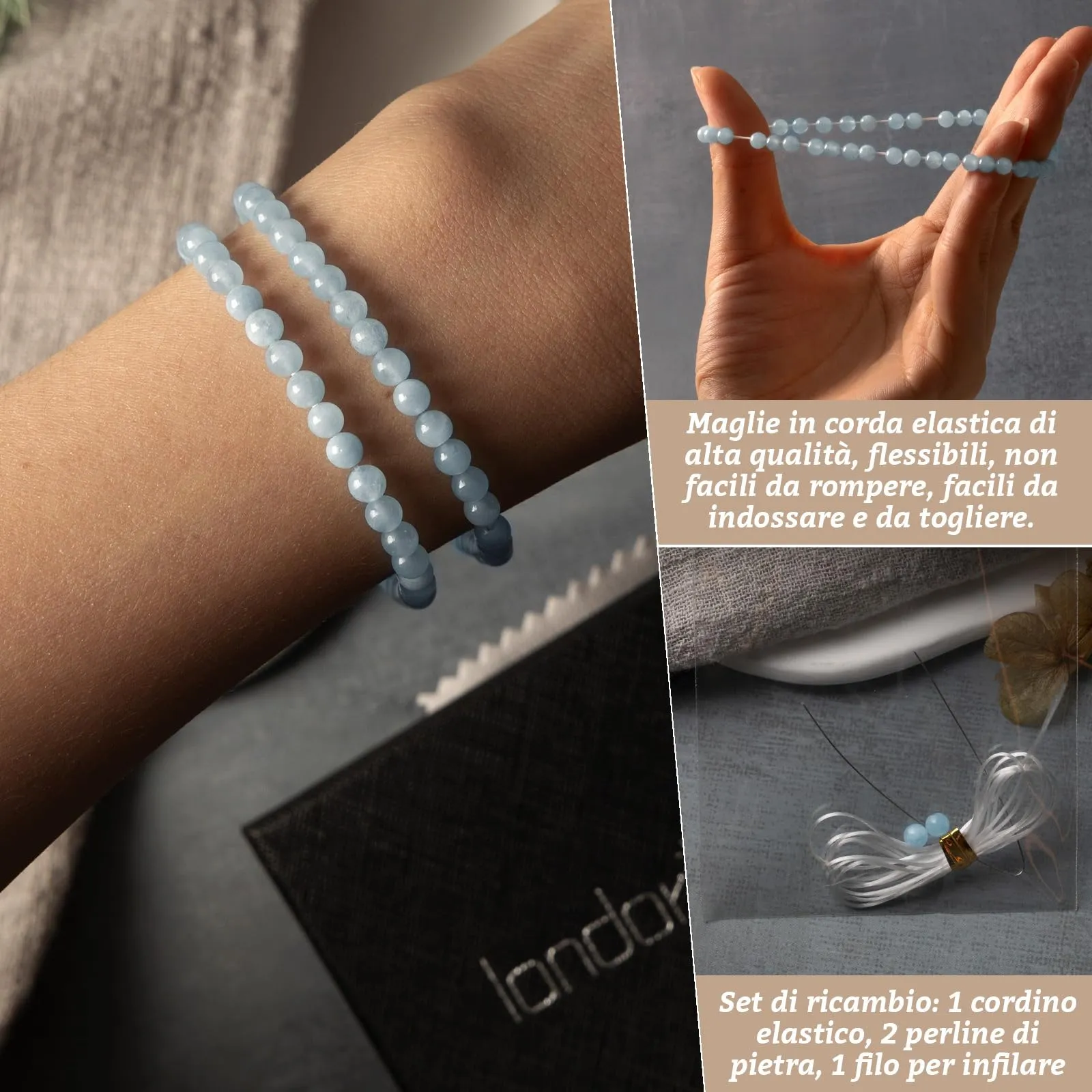 Landorilo Bracciale in Pietra Naturale Acquamarina 4 mm, Set da 2 Pezzi - immagine 5