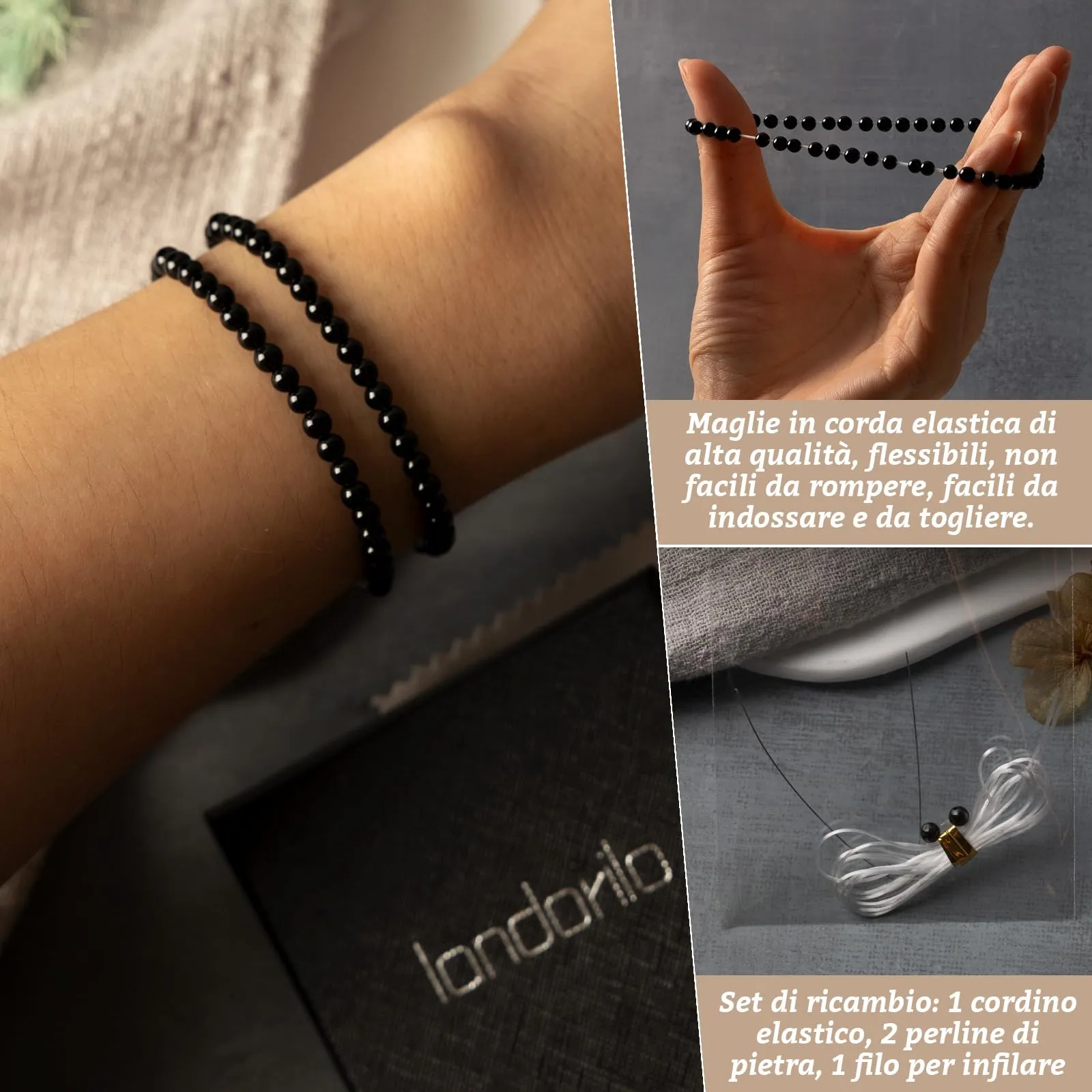 Landorilo Bracciale in Pietra Naturale Tormalina Nera, 4 mm, Set da 2 pezzi - immagine 5