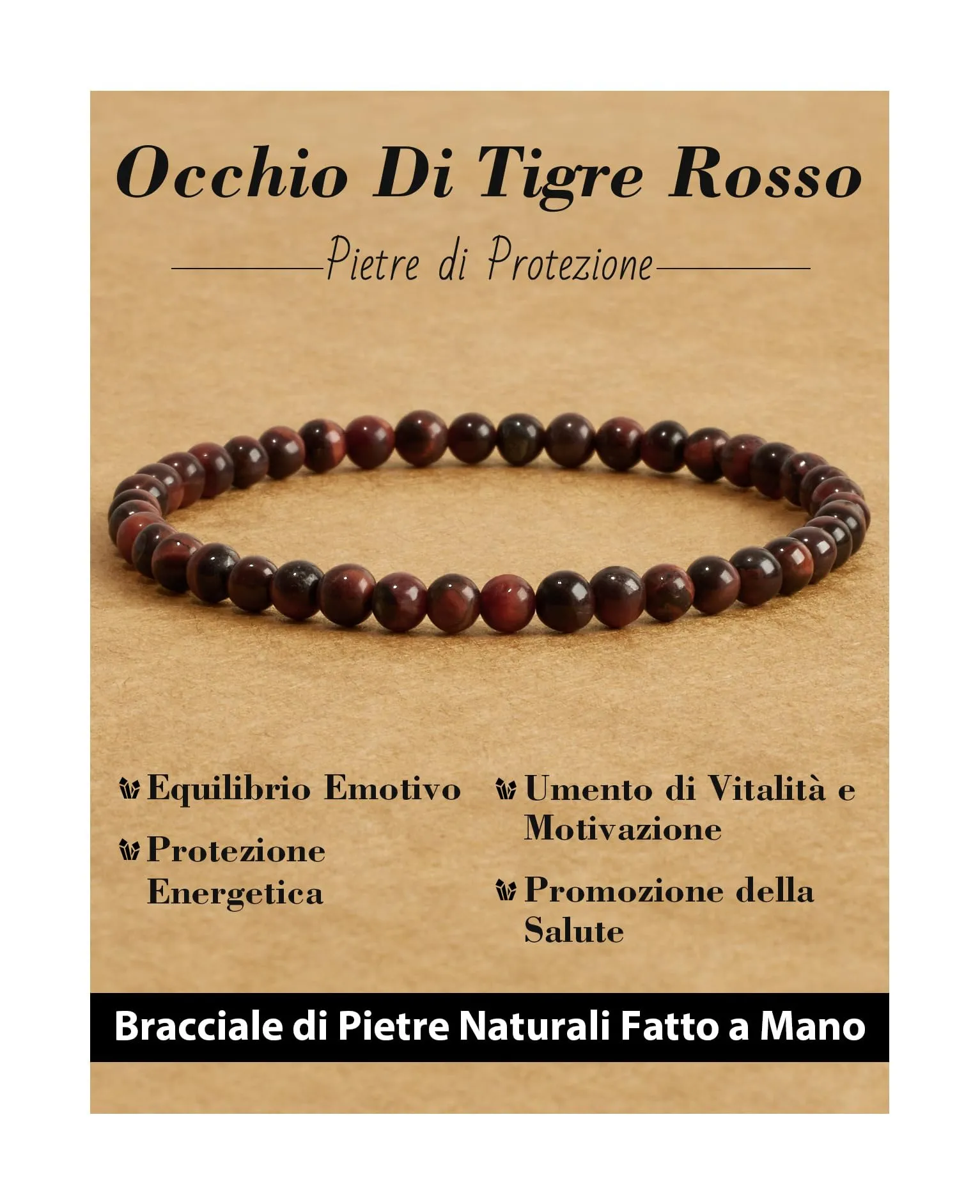 Landorilo Bracciale in Pietra Naturale Occhio di Tigre Rosso, 4 mm, 18-19 cm - immagine 1