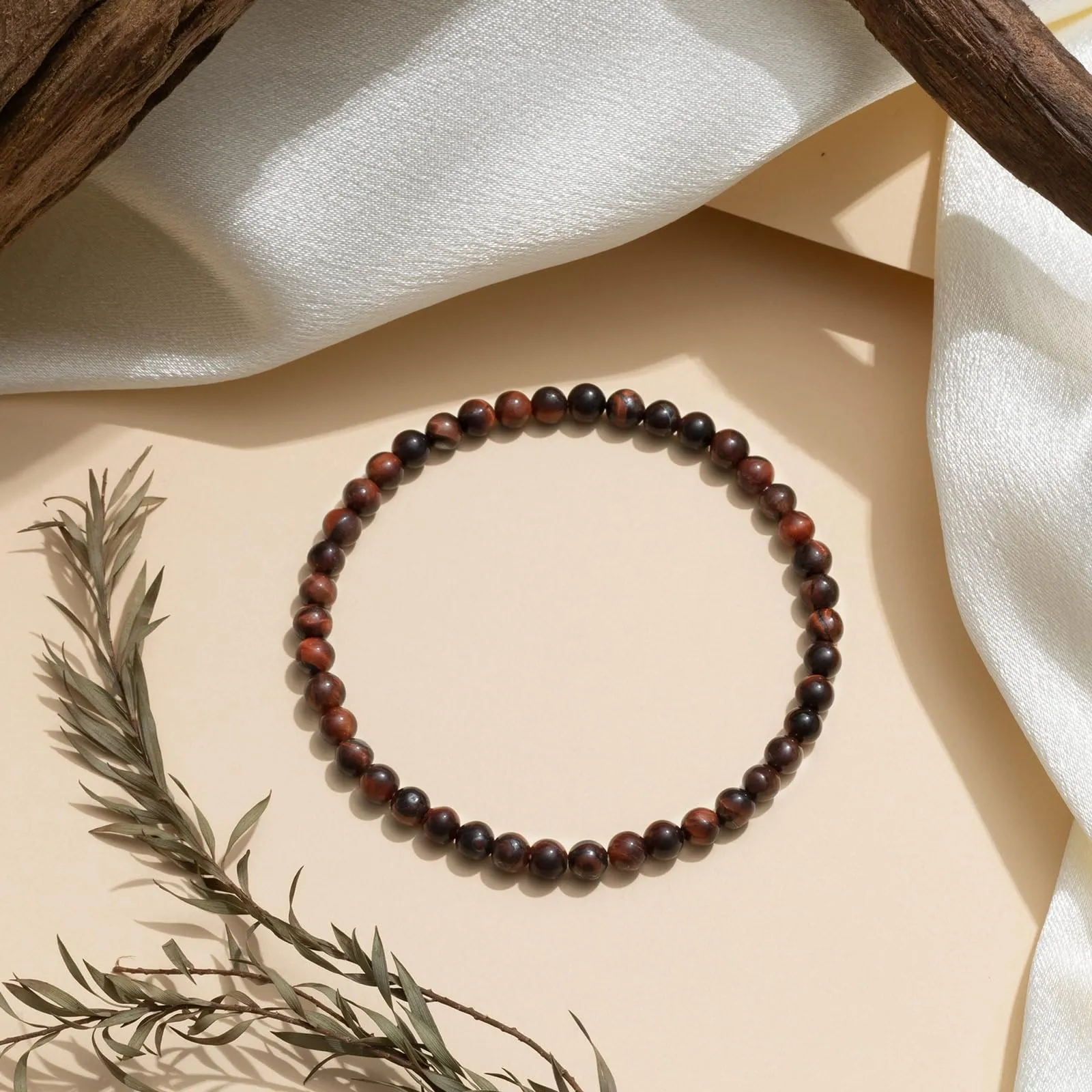 Landorilo Bracciale in Pietra Naturale Occhio di Tigre Rosso, 4 mm, 18-19 cm - immagine 3